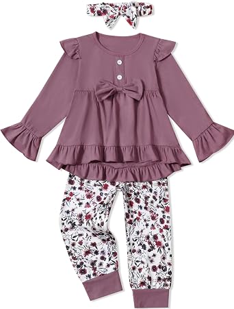 Toddler Girl Clothes Solid Color and Ruffled Sleeve Tops Floral Pants with Headband Fall Winter Toddler Girl Outfits