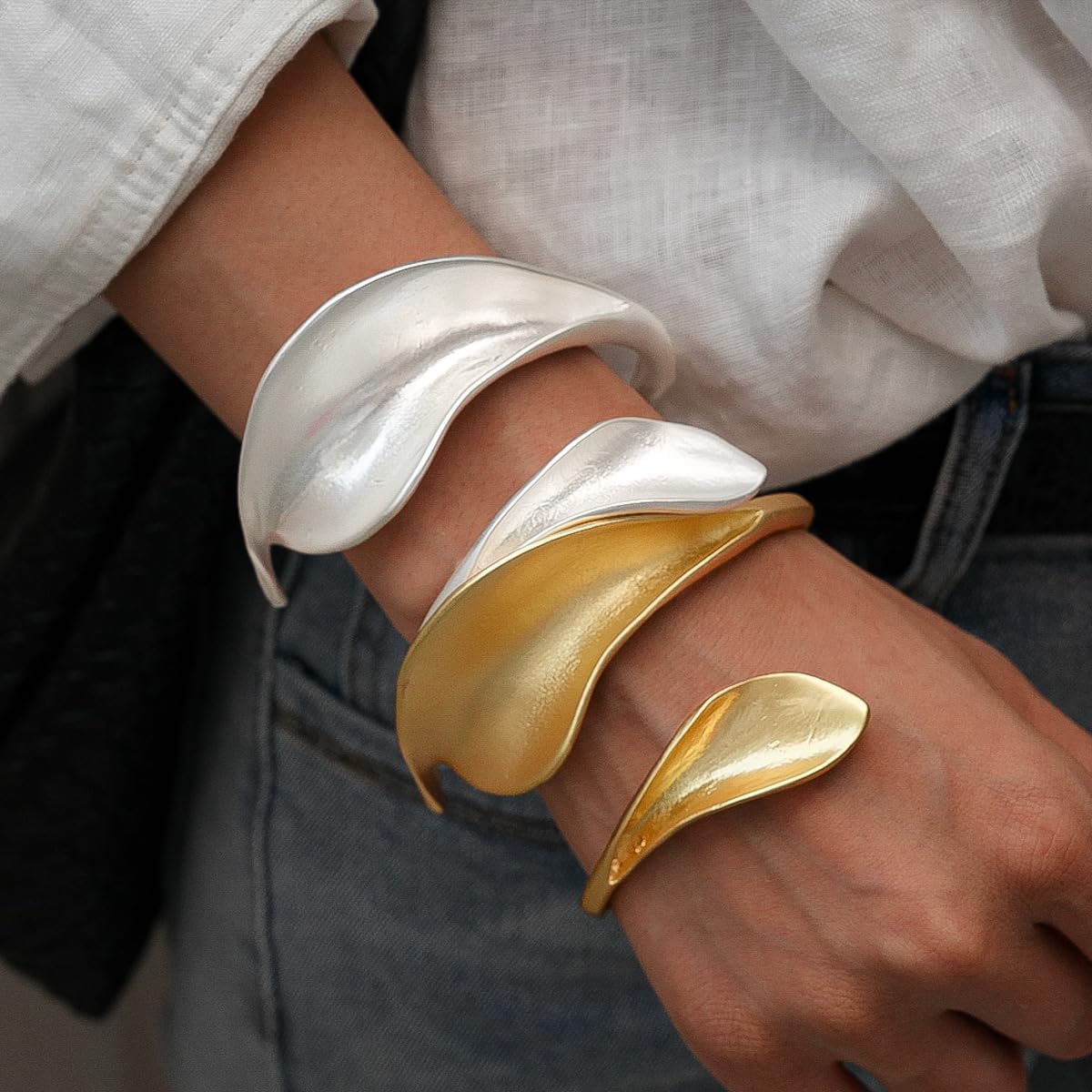 Chunky Cuff Bracelets for Women Leaf Gold Statement Bangle Bracelets Exaggerate Hammered Open Bangles Jewelry - Image 6