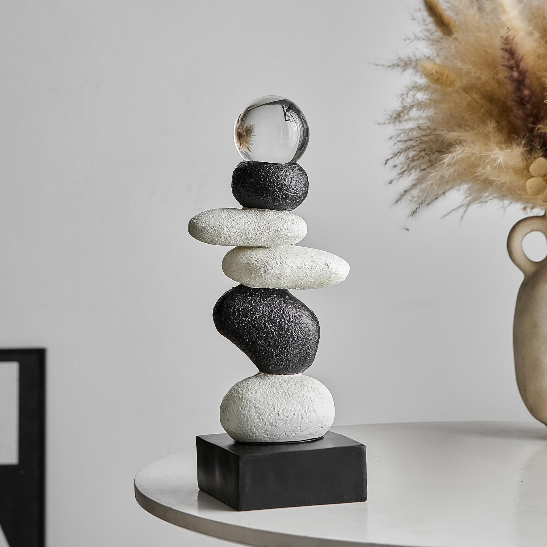 FJS Modern Fake Stone Sculpture Decor for Living Room, Black and White Stacked Statue for Coffee Table Centerpiece, Resin Sculptures for TV Stand