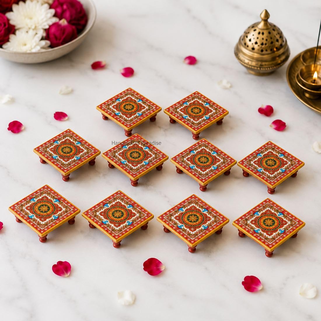Handicrafts Paradise Marble Chowki Set of 10 pc with Intricate Floral Painting-image-29