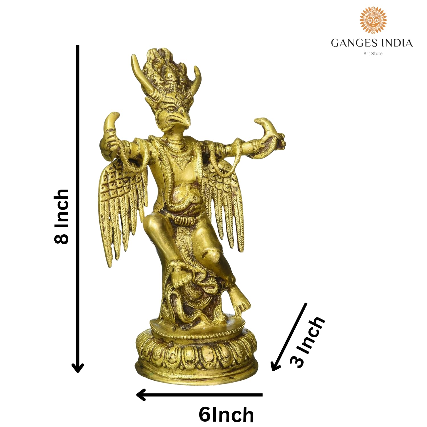 Pan Wisznu pojazd Garuda trzymający węże statuetka mosiężna rzeźba 4428 (20 cm wys. x 15 cm szer. x 7,6 cm gł.) złoto