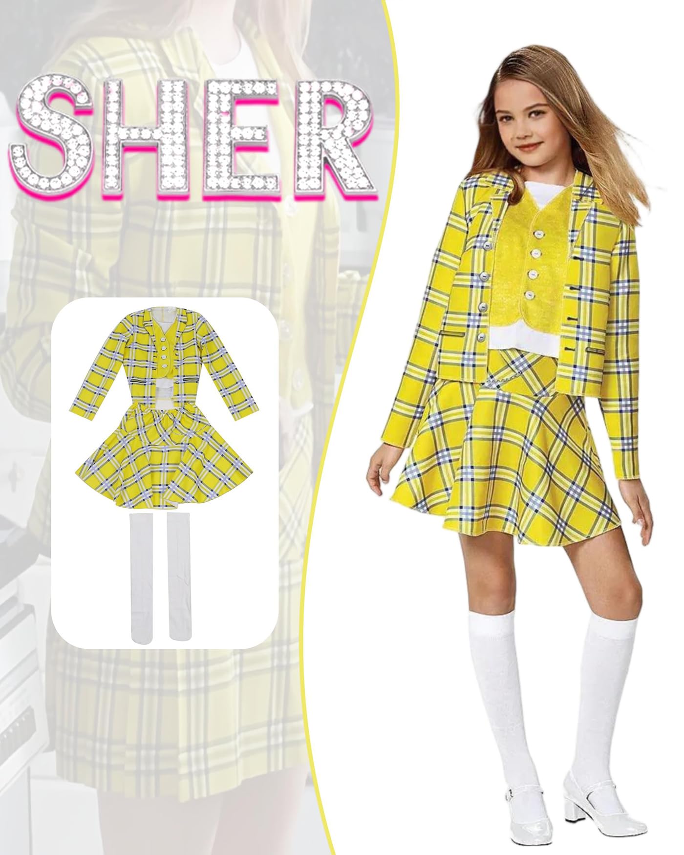 Koongso Cher Costume for Girls Movie Schoolgirl Fancy Dress, Yellow Plaid Coat Skirt Stockings - Image 2