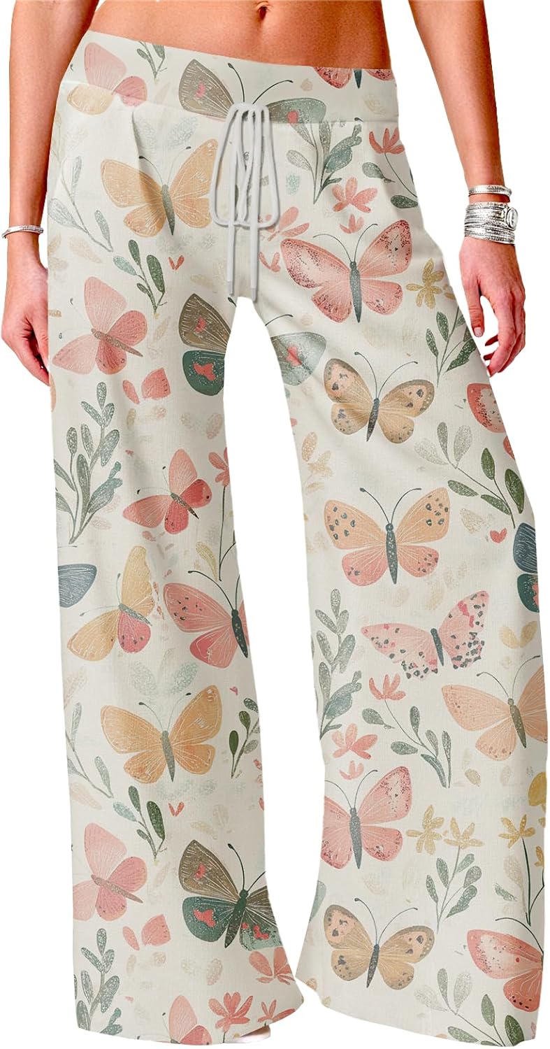 High Waist Pants for Women Casual Baggy Boho Floral Lounge Trousers Lightweight Stretchy Sweatpants with Pockets
