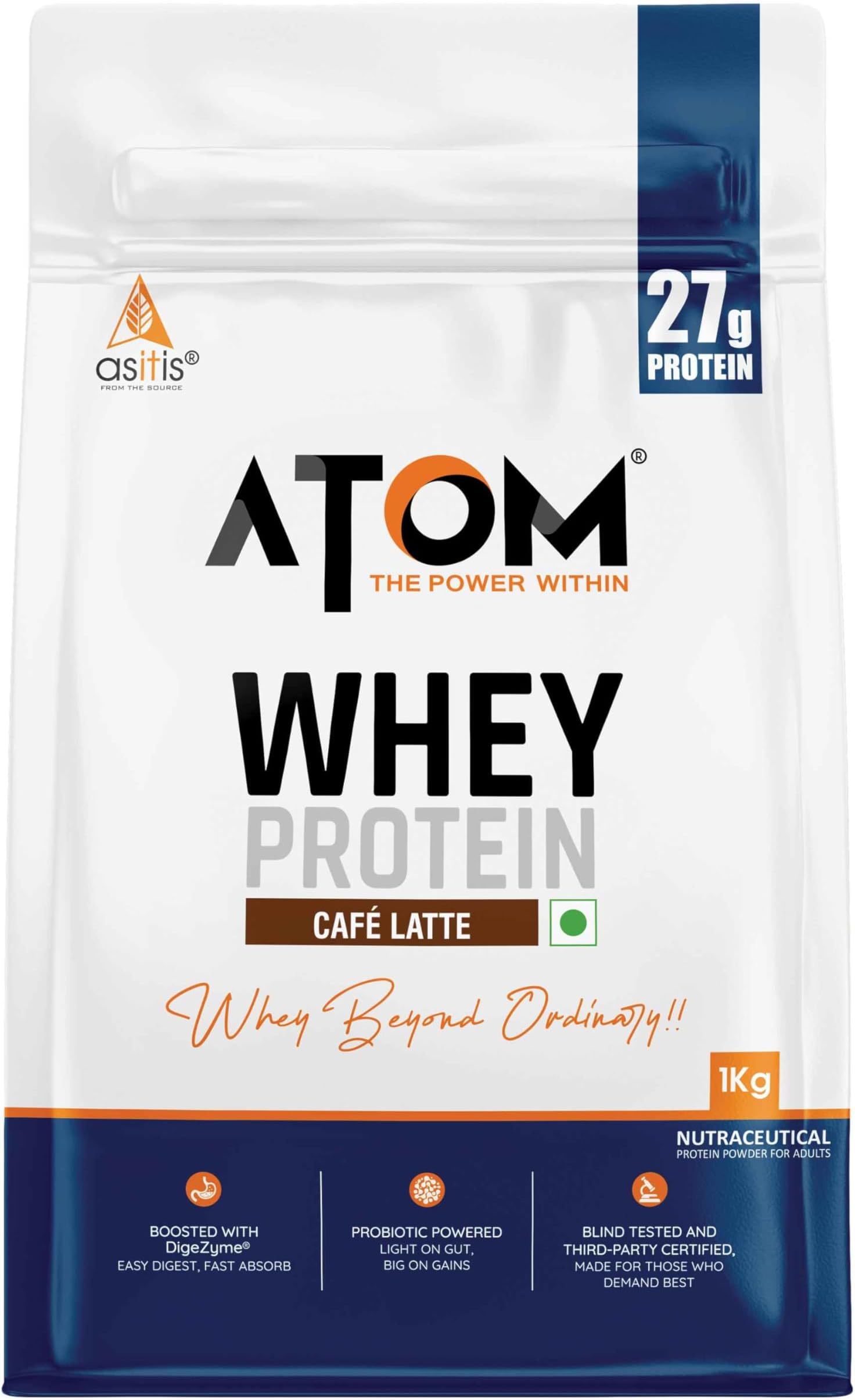 AS-IT-IS ATOM Whey Protein 1kg | 27g protein | Isolate & Concentrate | Cafe Latte | USA Labdoor Certified | With Digestive Enzymes for better absorption