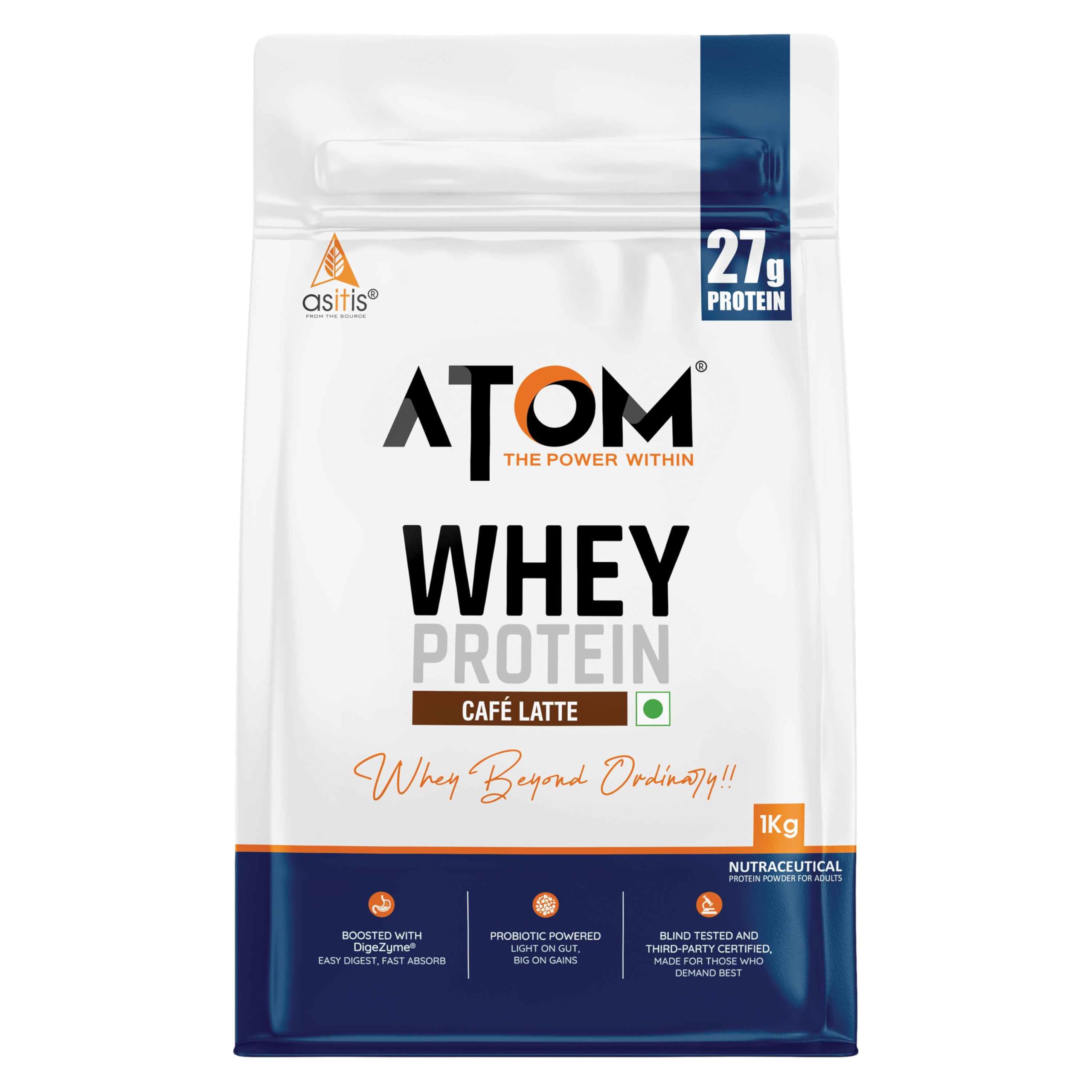 Asitis Nutrition AS-IT-is Atom Whey Protein 1kg/35.2 Oz with Digestive Enzymes | USA Labdoor Certified for Accuracy & Purity | Cafã© Latte Flavor | 27g Protein Cross-Flow Microfiltered Gluten-Free