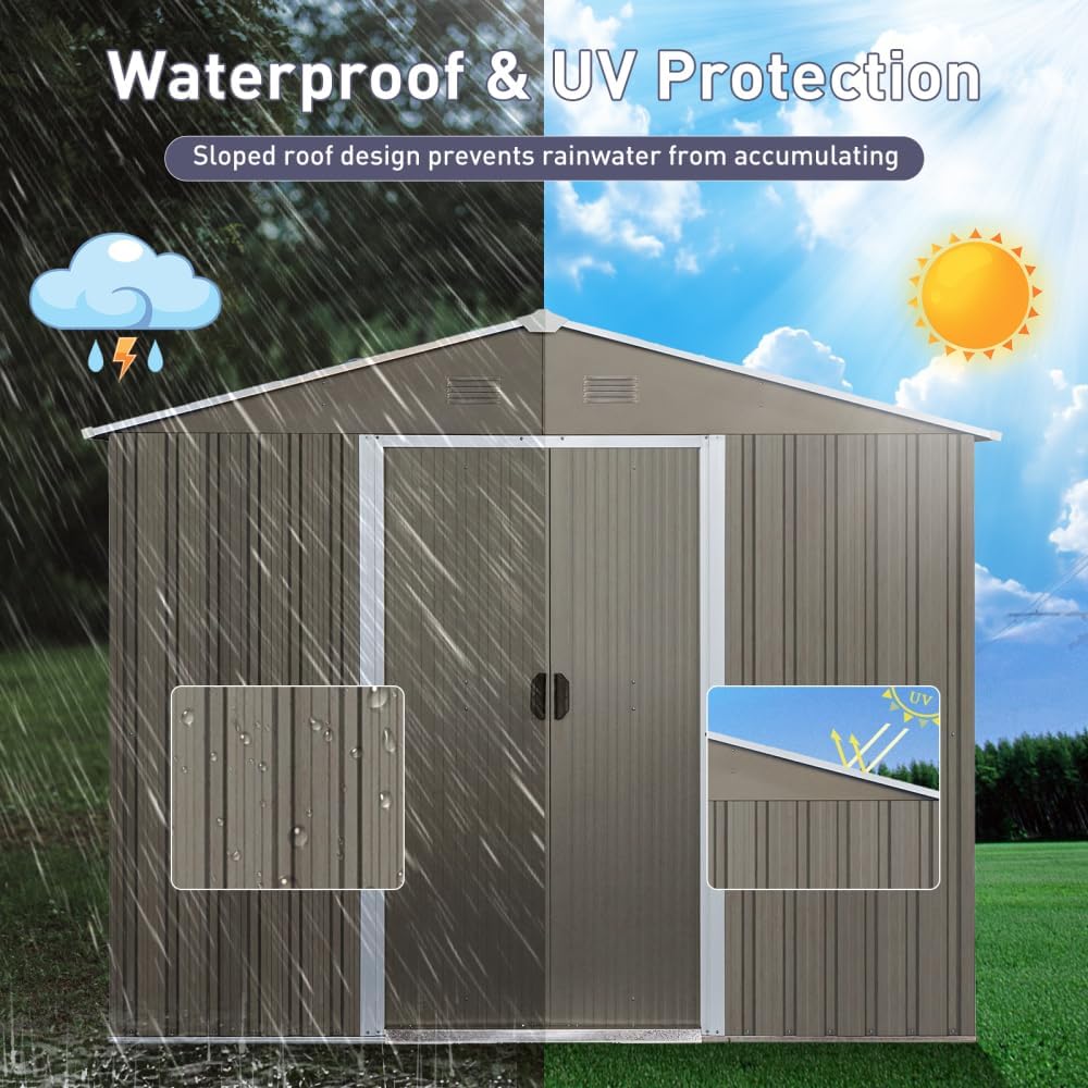 Heavy-Duty Outdoor Metal Storage Shed with Galvanized Steel Frame, Weather-Resistant Panels, Sliding Doors and Ventilation (Gray + Window)