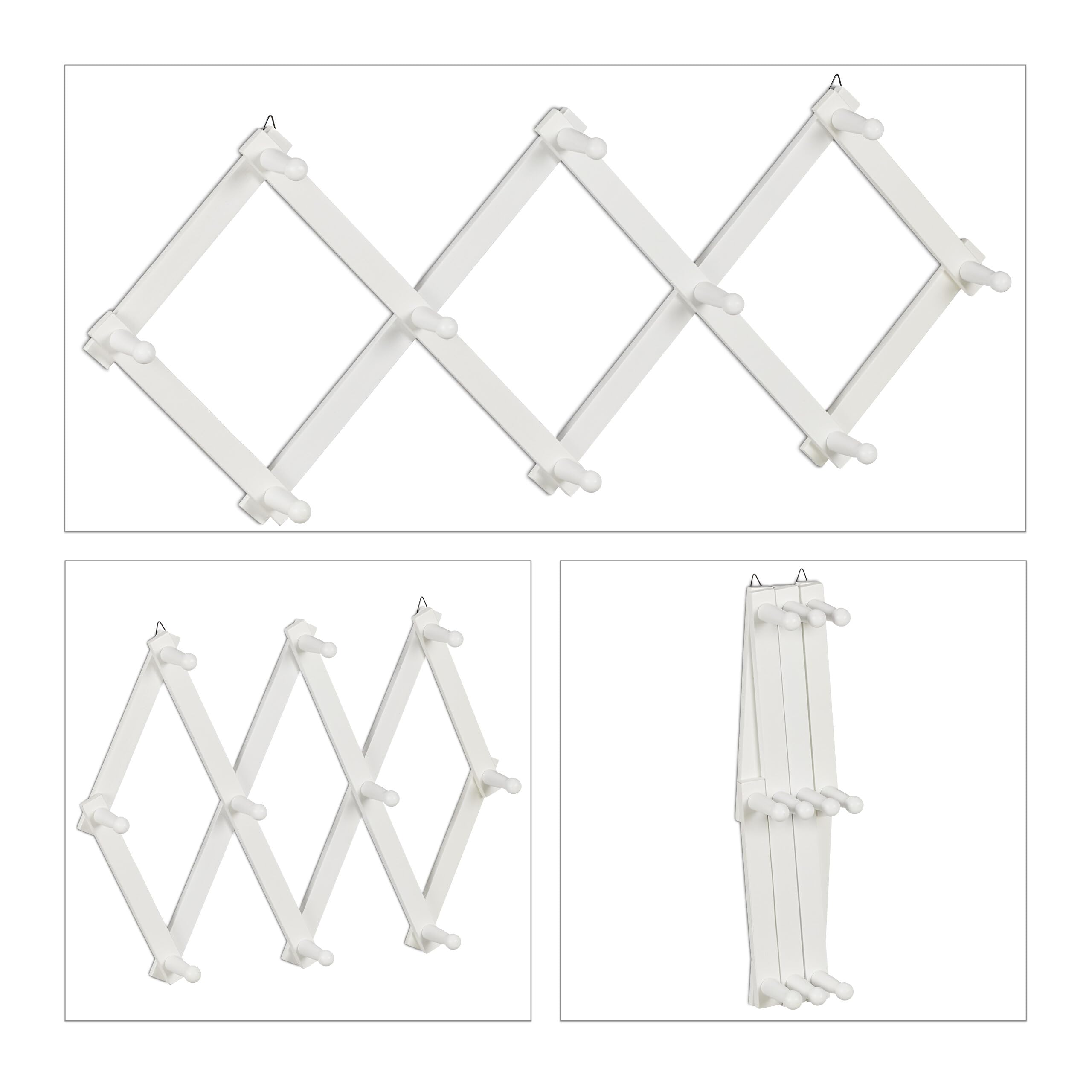 Relaxdays Attaccapanni da Parete, Appendiabiti Allungabile con 10 Ganci, Guardaroba Appendino Ingresso, Legno, Bianco