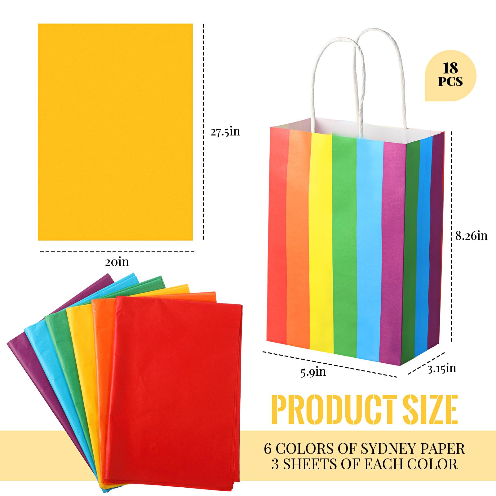 TaoBary 36 Pcs Rainbow Party Treat Bags Rainbow Gift Bags Colorful Stripes Kraft Paper with Handles and Colorful Tissue Paper for Gay Parade Festival Party Supplies