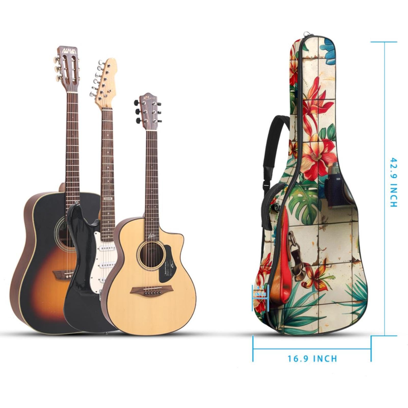 Akustikgitarre Tasche, wasserdichte Gigbag mit mehreren Taschen, für 40/41/42 Zoll Akustikgitarre, Koffer und Kamera, mehrfarbig, 42.9x16.9x4.7 in, Gitarrentasche