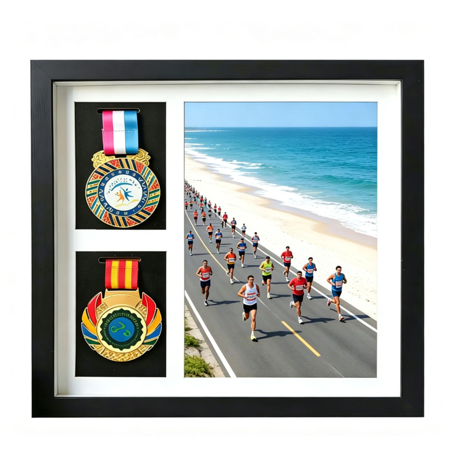 Boîte d'ombre pour médailles - Présentoir de médailles de marathon - 2 médailles et photos - Pour récompenses militaires, triathlon et tous les sports - Noir - A4