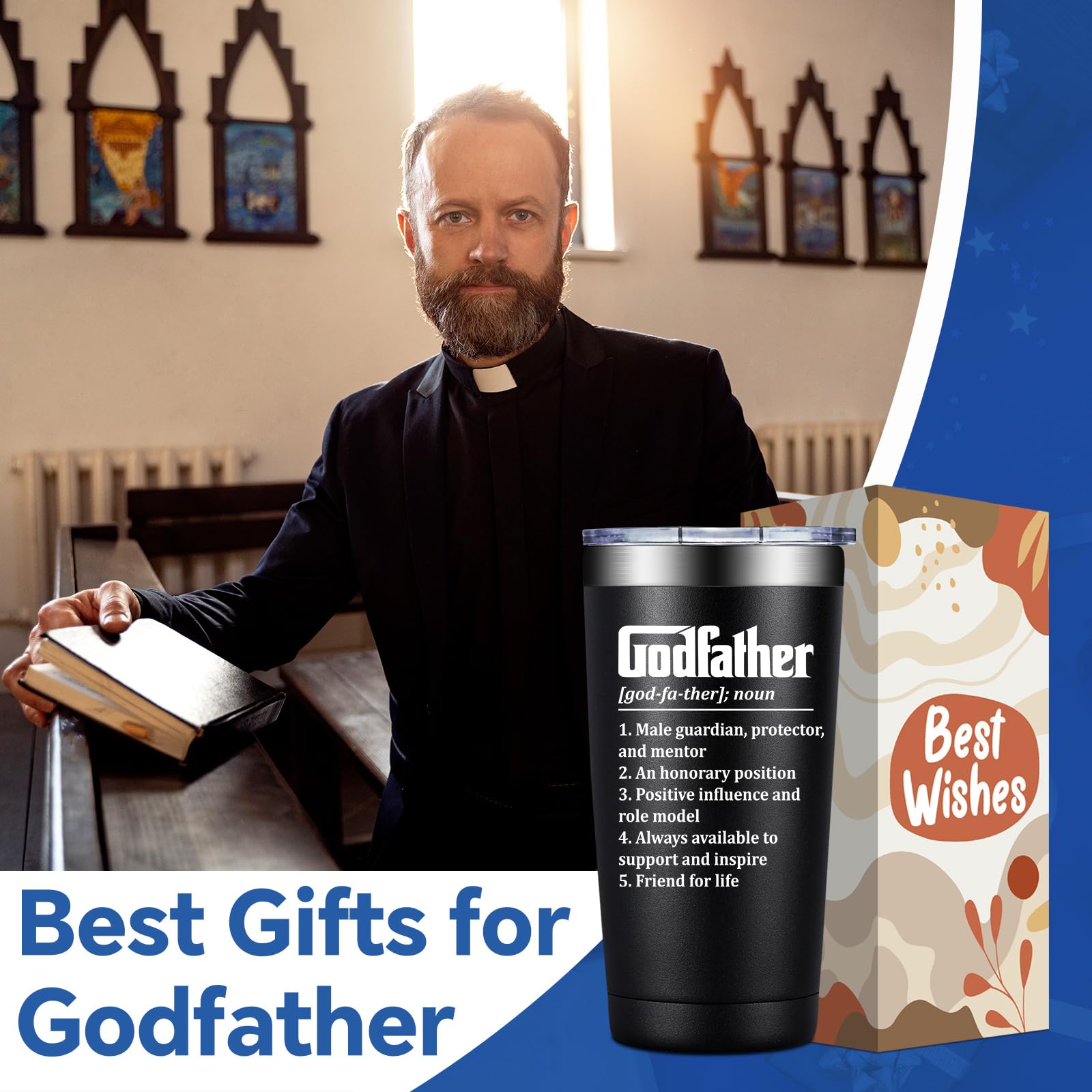 BIRGILT Godfather Gift - Godfather Proposal Gifts - Best God Father Gifts for Men - Christmas, Fathers Day Gift for God Father - 20oz Stainless Steel Tumbler Cup
