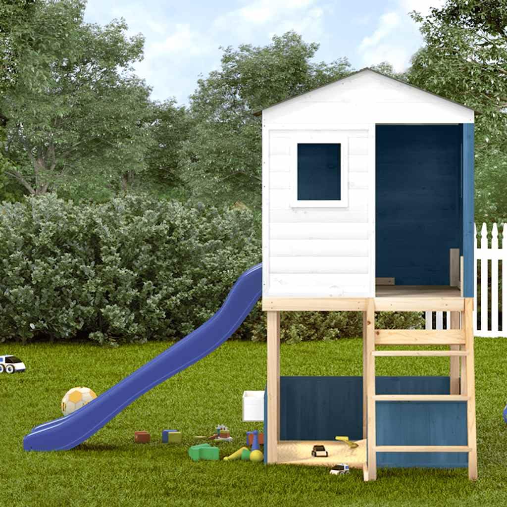 Torre da gioco bianca e blu in legno di abete massiccio per il giardino, torre da arrampicata con ringhiera perimetrale e tetto a nuvola, dispositivo di gioco per bambini da 3 a 12 anni, solo per