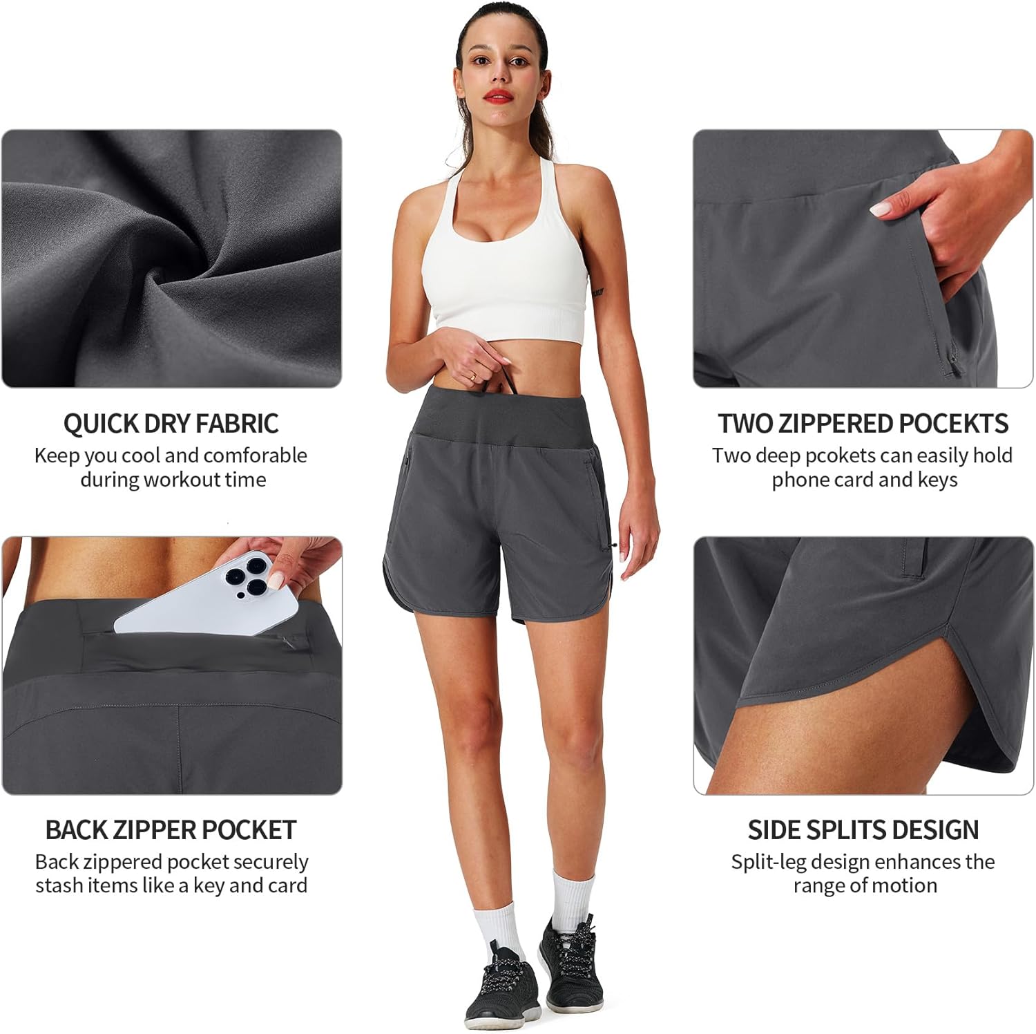 Womens Running Shorts Zipper Pockets High Waisted Quick Dry Athletic Workout Shorts with Liner - Image 4