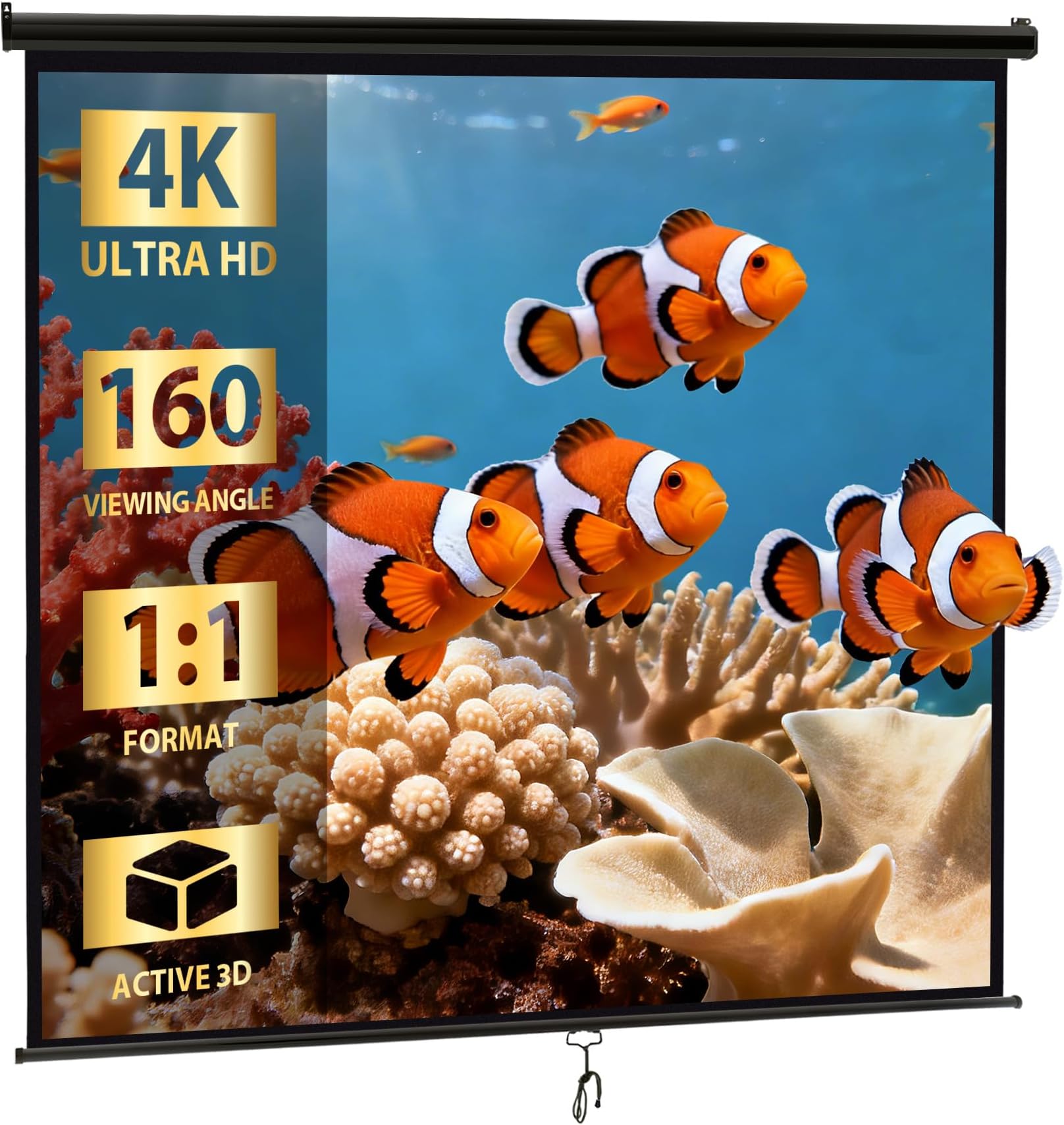 120'' Projector Screen Projection Screen Manual Pull Down HD Screen 1:1 Format for Home Cinema Theater Presentation Education Outdoor Indoor Public Display, Black