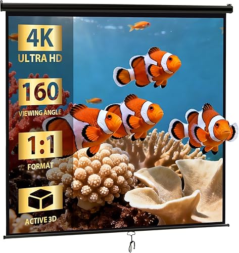 Miniatura 15 de SUPER DEAL Pantalla de proyector de 120 pulgadas, pantalla de proyección retráctil, pantalla HD desplegable manual, formato 1:1 para cine en casa,