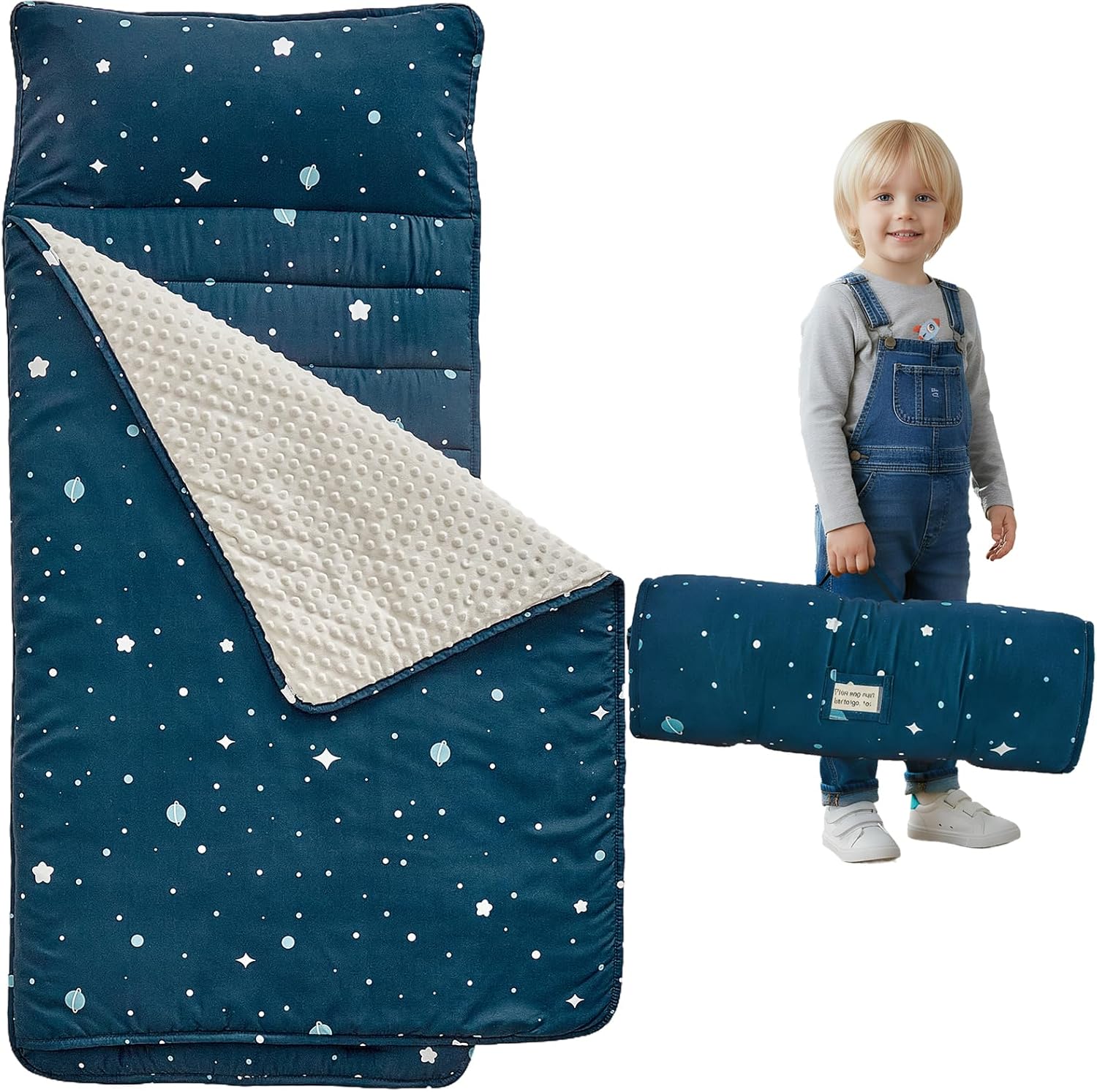Toddler Nap Mat with Removable Pillow and Minky Fleece Blanket,Extra Large Rolled Napping Mat,Slumber Bags for Boys,Kids Sleeping Mat for Daycare,Preschool Kindergarten,Navy Blue,Star