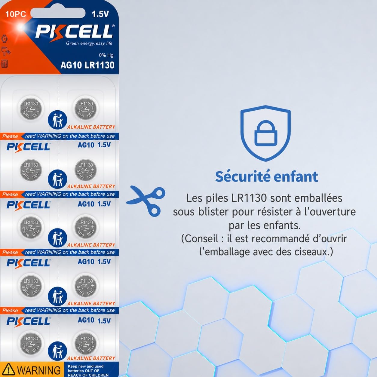 PKCELL LR1130 AG10 Piles Bouton alcaline Longue durée Lot de 20