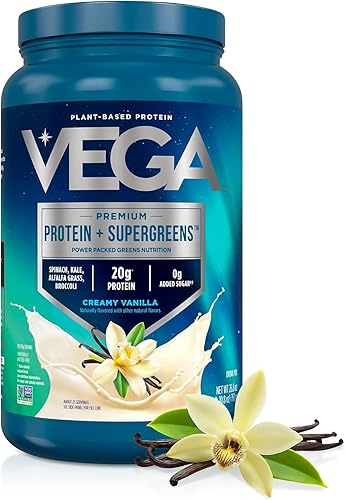 Vega Proteína premium + supergreens – 0.71 onzas de proteína, vainilla cremosa, 25 porciones, espinaca, col rizada, hierba de alfalfa, brócoli, 0.00