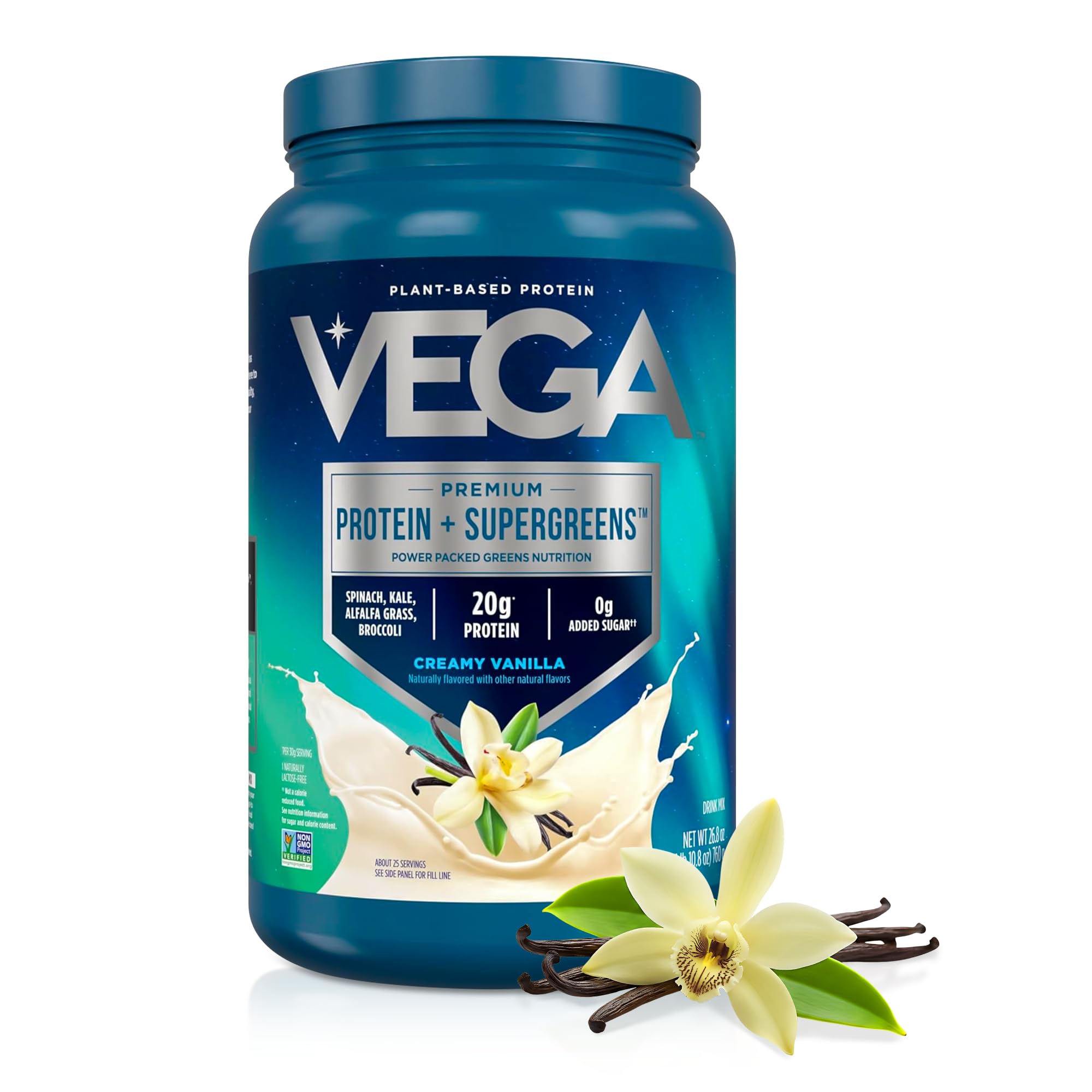 Premium Protein + Supergreens - 20g Protein, Creamy Vanilla, 25 Servings, Spinach,Kale, Alfalfa Grass, Broccoli, 0g Added Sugar, Non-GMO, Gluten Free, Dairy Free, 1.68 lbs (Packaging May Vary)
