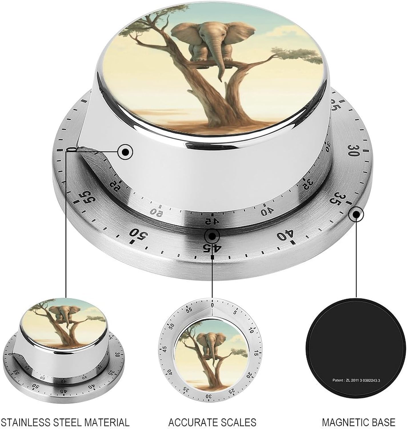 Little Elephant on Tree Mechanical Kitchen Timer Manual 60 Minute Wind Up Timer, Loud Timers for Hard of Hearing, No Batteries Required, Countdown Timers for Cooking Classroom Gym Home