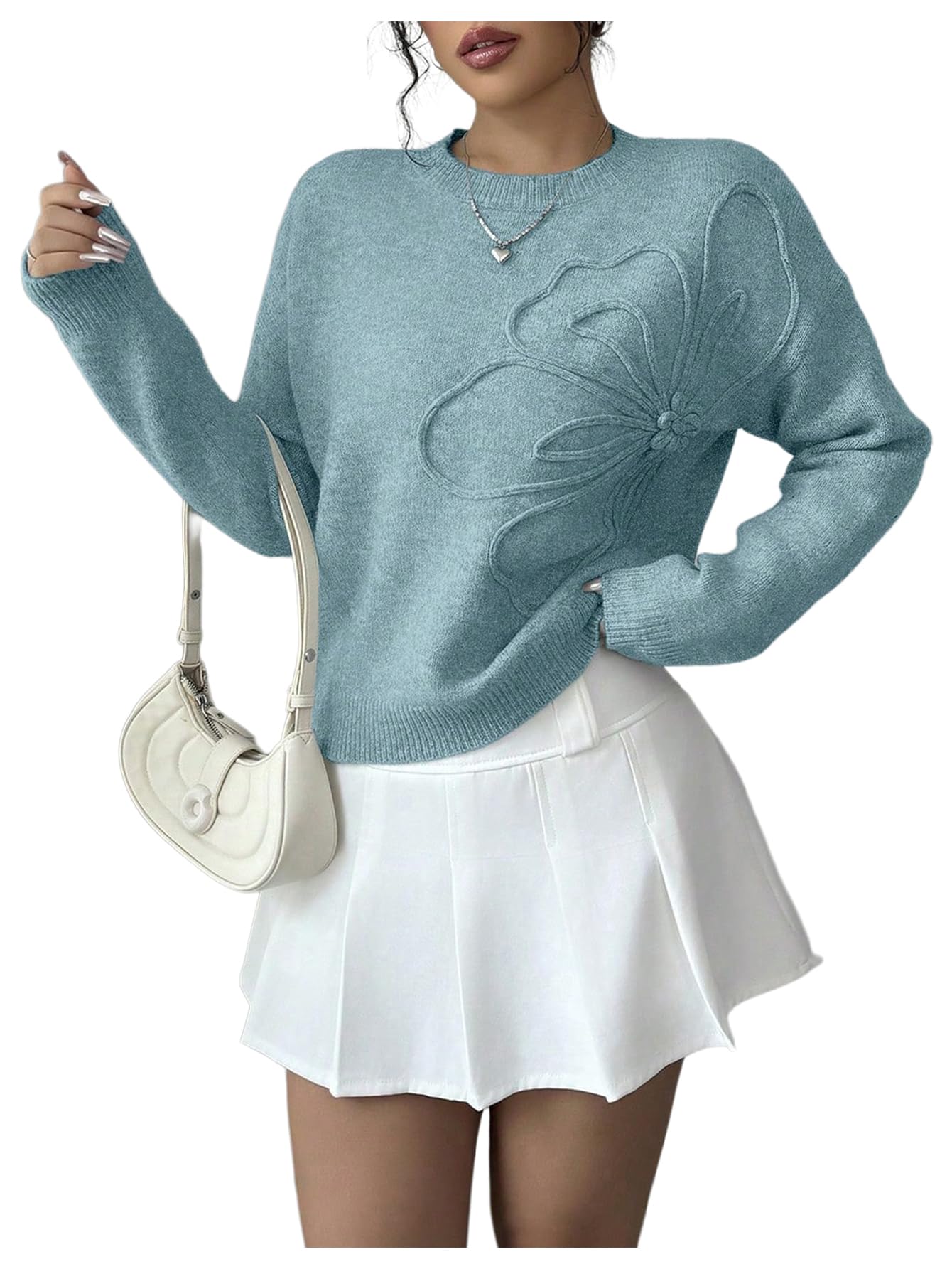 RoseSeek Women's 3D Floral Appliques Sweaters Long Sleeve Knit Tops