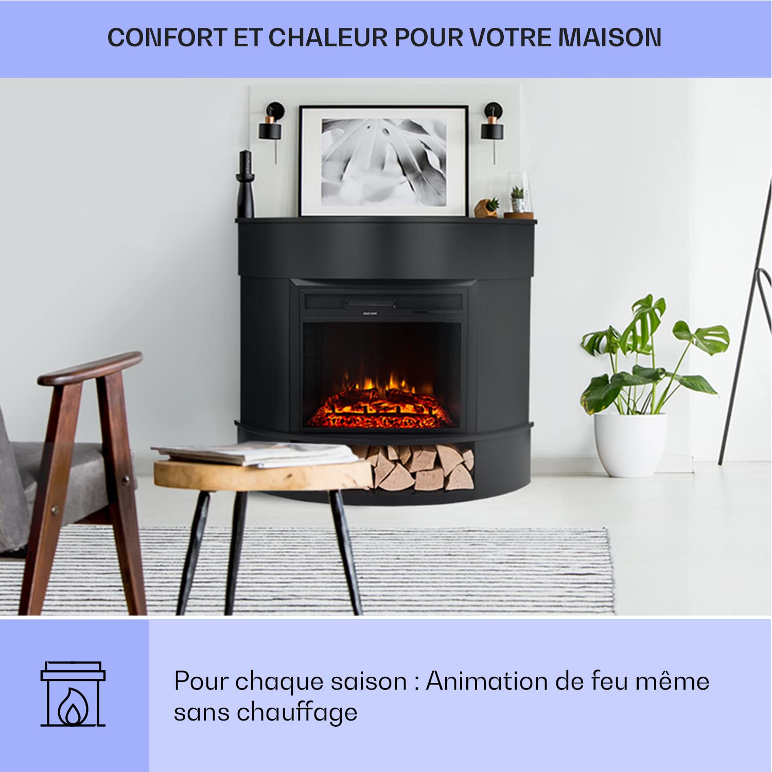 Klarstein Cheminée Electrique d'Intérieur, Chauffage Electrique de 1800W, Fausse Cheminée Decorative avec Effet Flamme en LED, Télécommande Inclus, Programmable, Minuterie, Thermostat Réglable