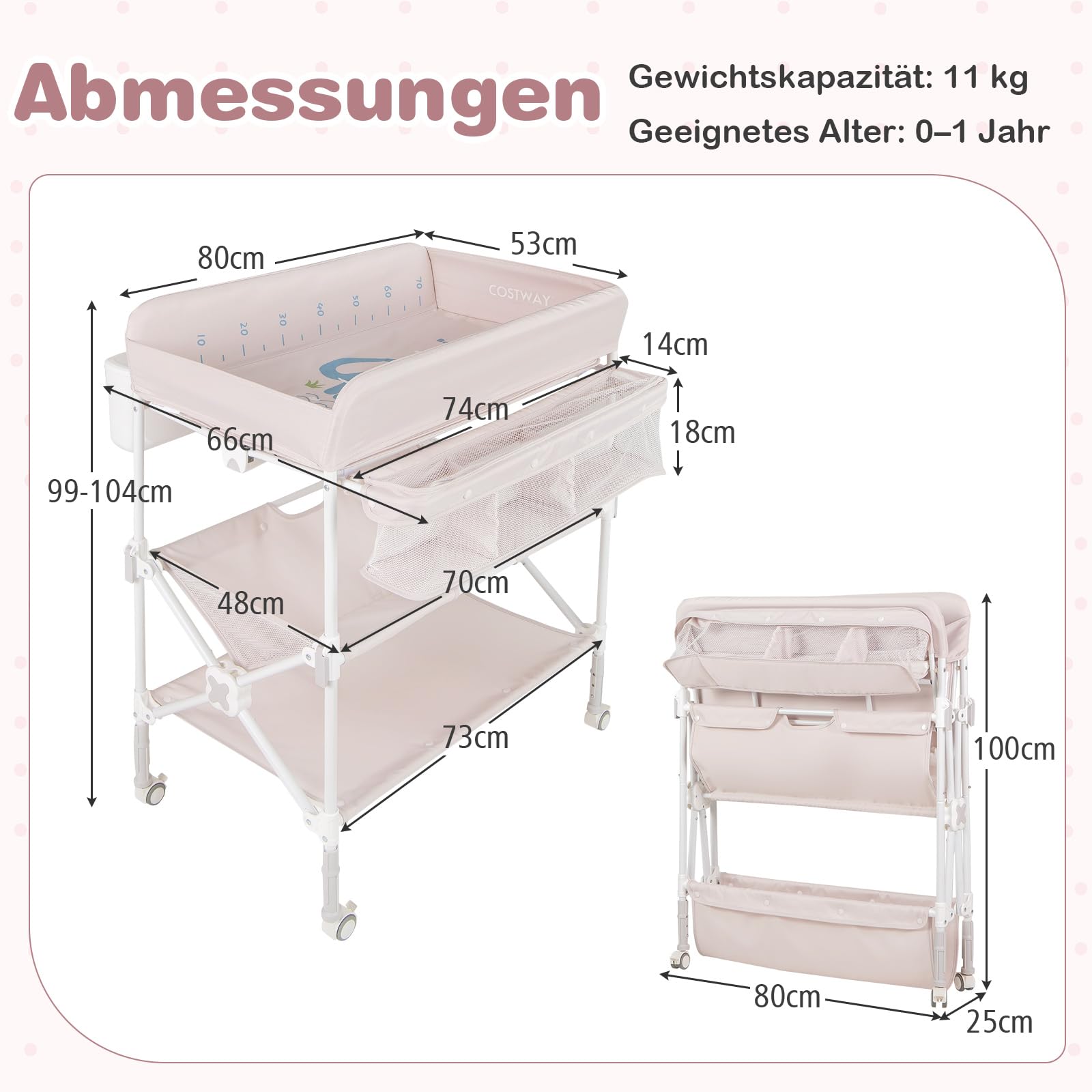 COSTWAY 5 in 1 Wickelkommode, Wickeltisch klappbar, Wickelstation höhenverstellbar mit Seitenkorb, Regalen & Mülleimer, tragbares Baby Changing Table mit Rollen für Neugeborene & Säuglinge (Beige)