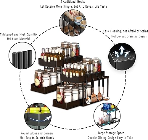 Miniatura 5 de Paquete de 2 organizadores y almacenamiento deslizantes dobles para debajo del fregadero, 2 niveles para cocina y baño, armario de almacenamiento