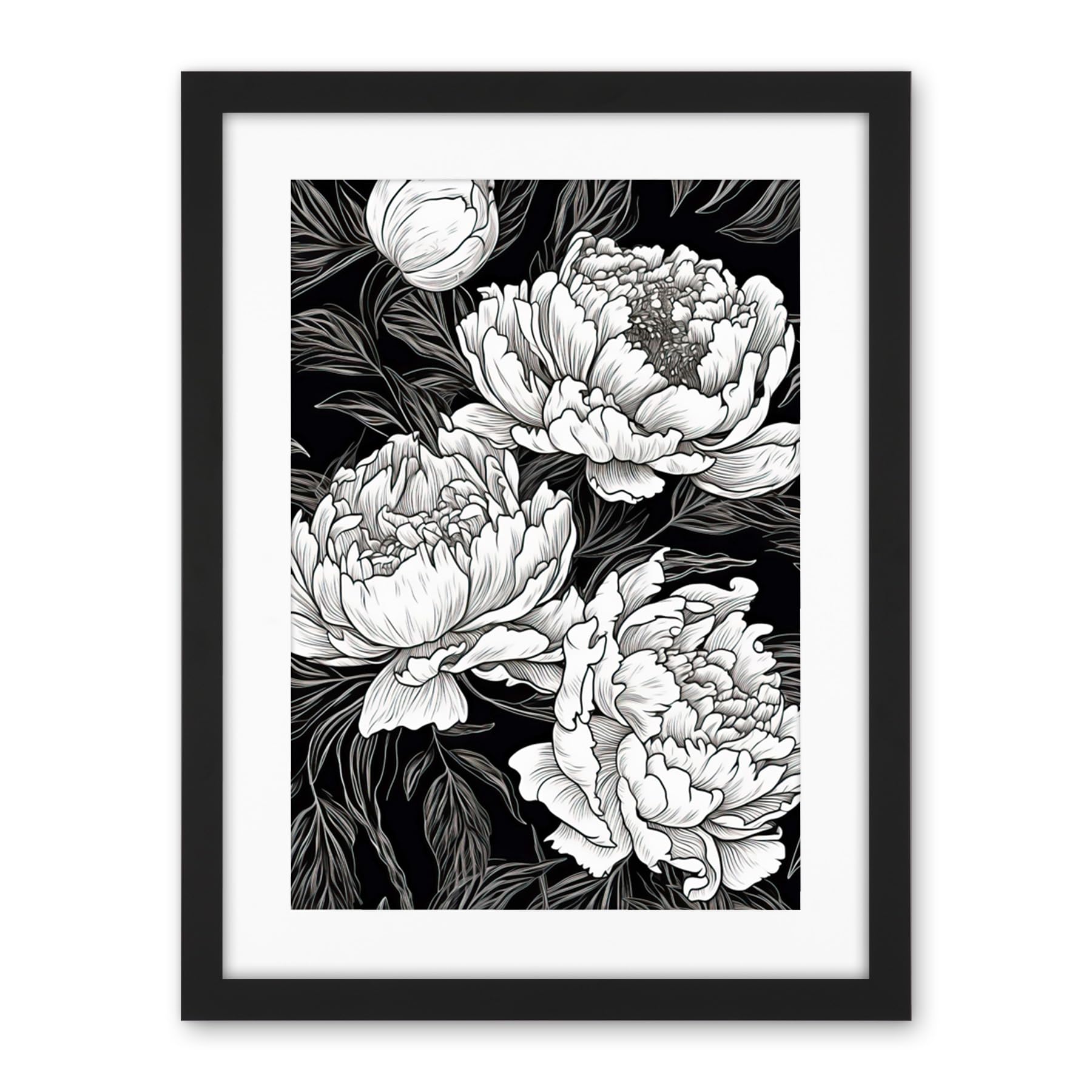 Artery8 Peony Flower Blooms White on Black Illustration Artwork Framed Wall Art Print 18X24 Inch