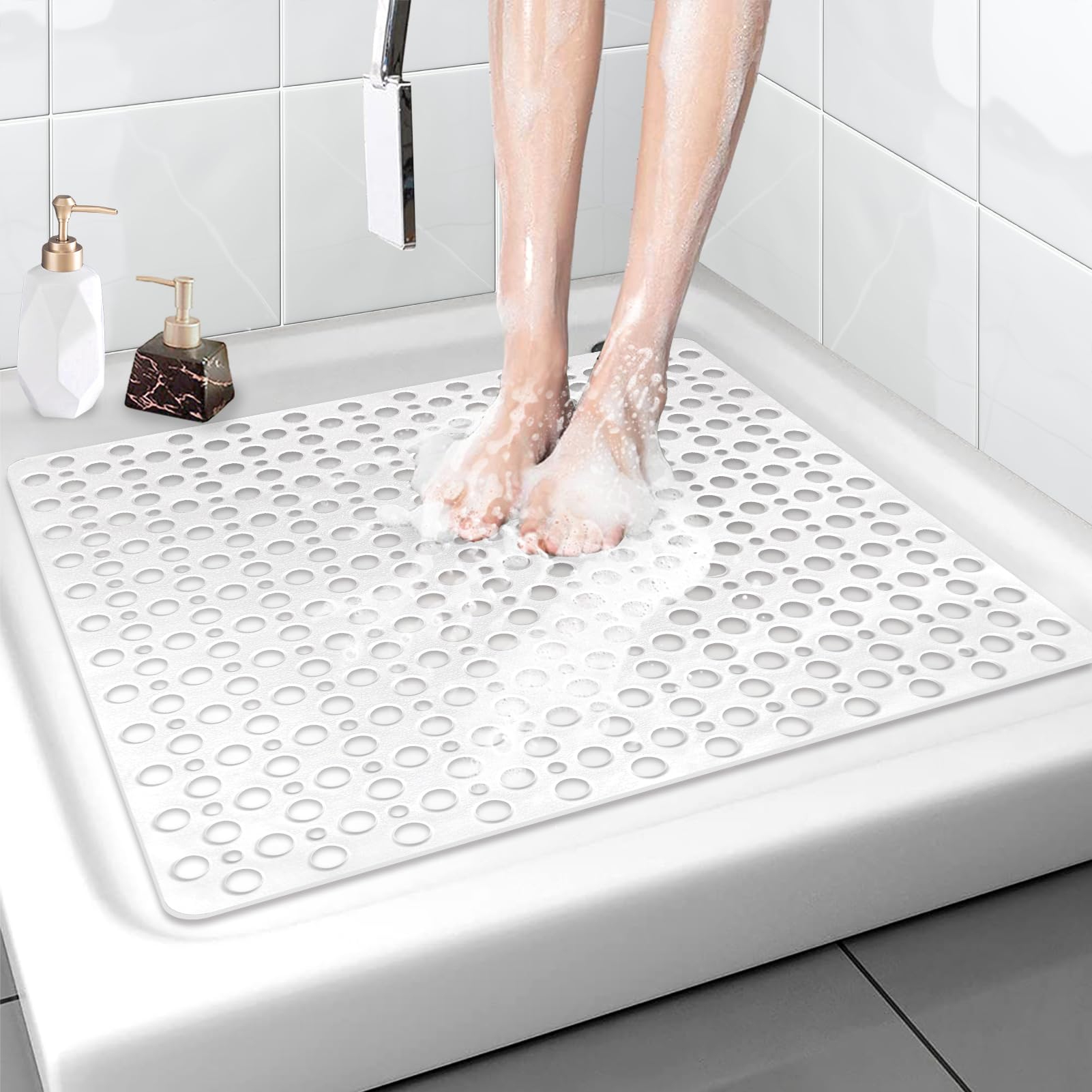 Square Shower Mat 70x70 cm, Non Slip Shower Mat, Soft TPE Large Shower Mats for Inside Shower, Bath Mat with Suction Cups & Drain Holes, Anti Mould Shower Mats, Quick Drying (Solid White, 70x70 cm) — image 1
