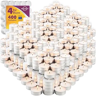 MontoPack Unscented Tea Lights 400 Pack | 4-Hour Smokeless Dripless White Votive Candles Bulk for Weddings Events Home