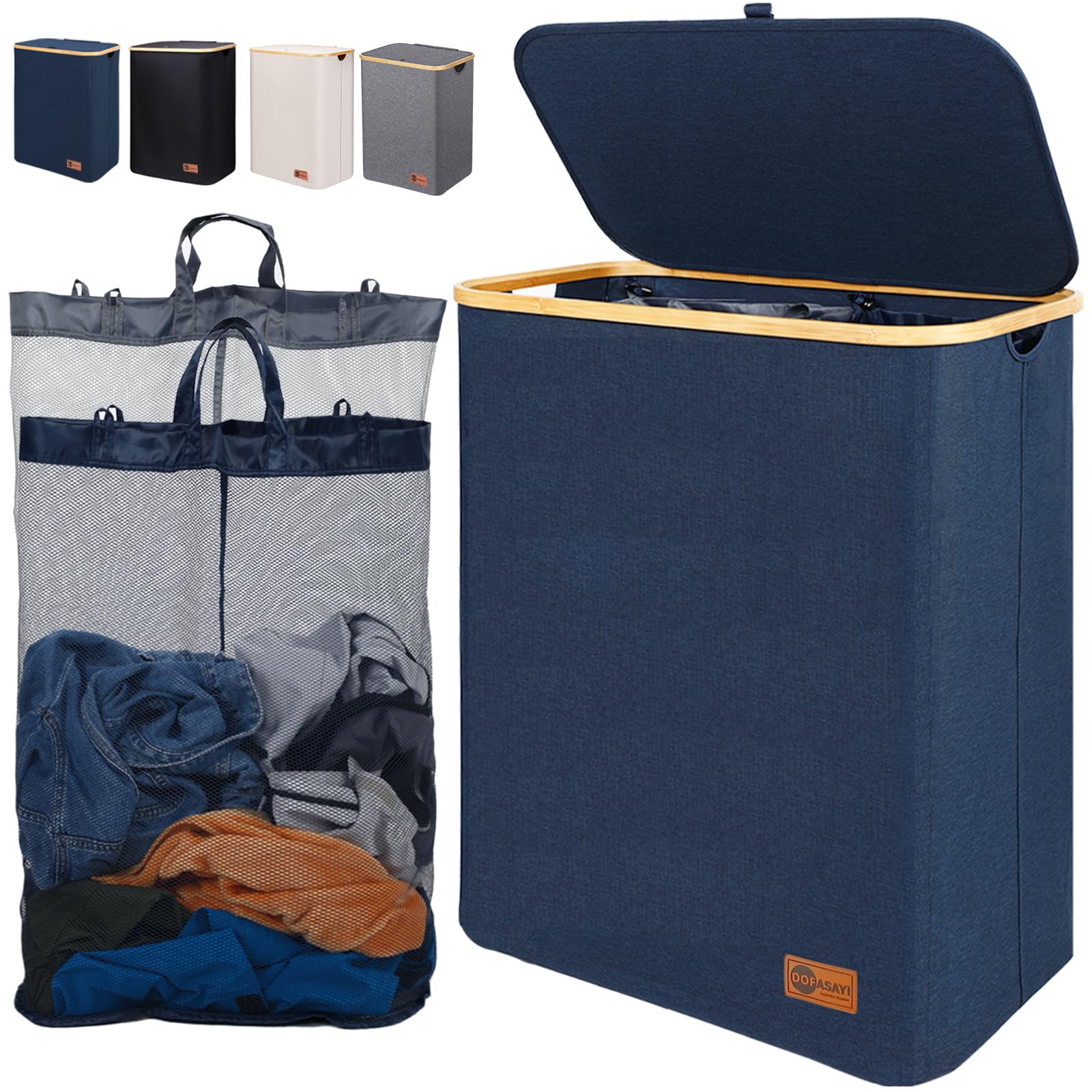 DOFASAYI Laundry Basket - Extra Large Laundry Hamper 2 Section with Removable Bag, Bamboo Handles, Foldable Clothes Hampers for Dirty Laundry Storage, Hamper for Laundry Room, Bedroom,Blue