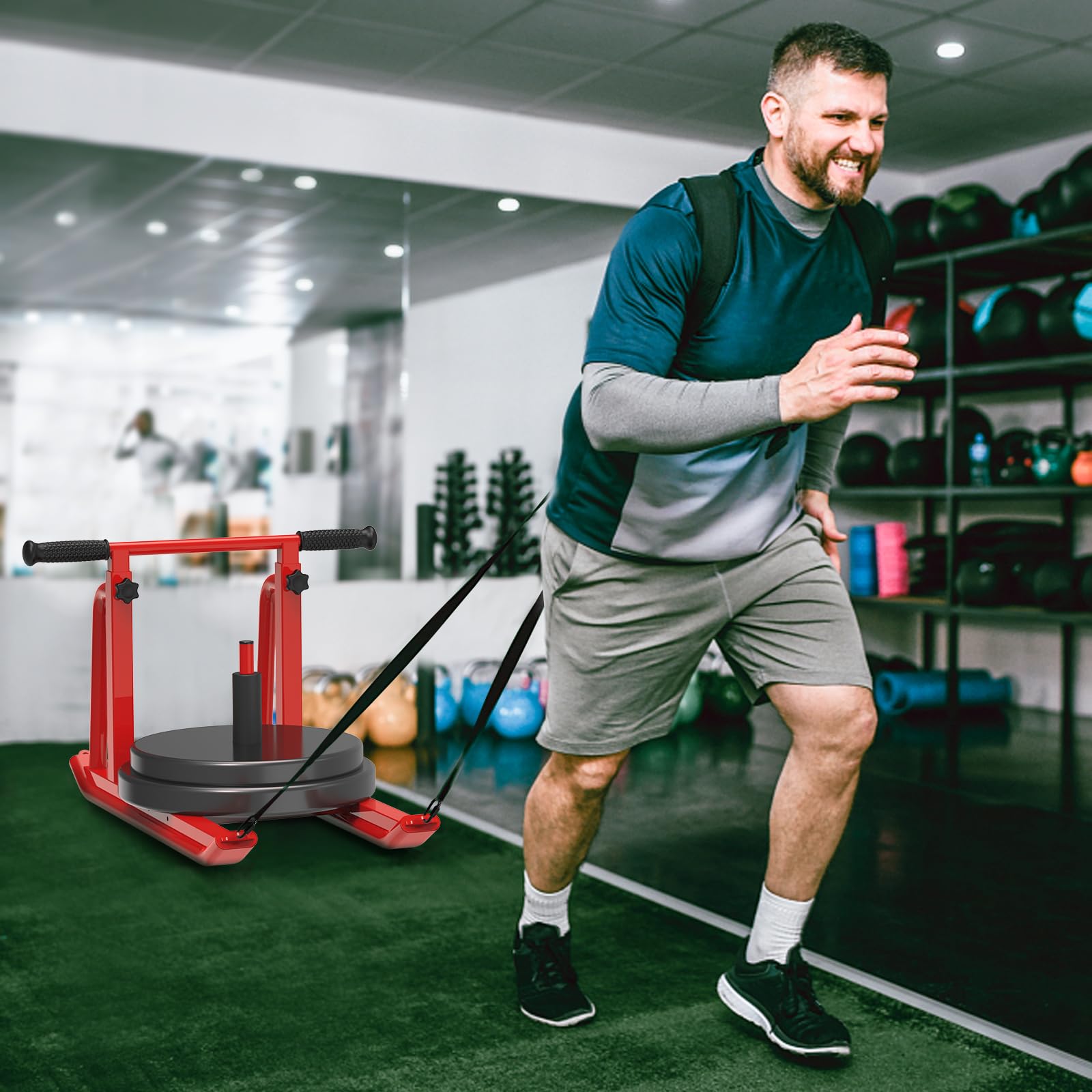 Kipika Trineos de peso para entrenamiento, trineo de fútbol de empuje y tirar, mango de altura ajustable, marco de acero resistente, taladros para velocidad de carrera, fuerza, diseñado para discos de