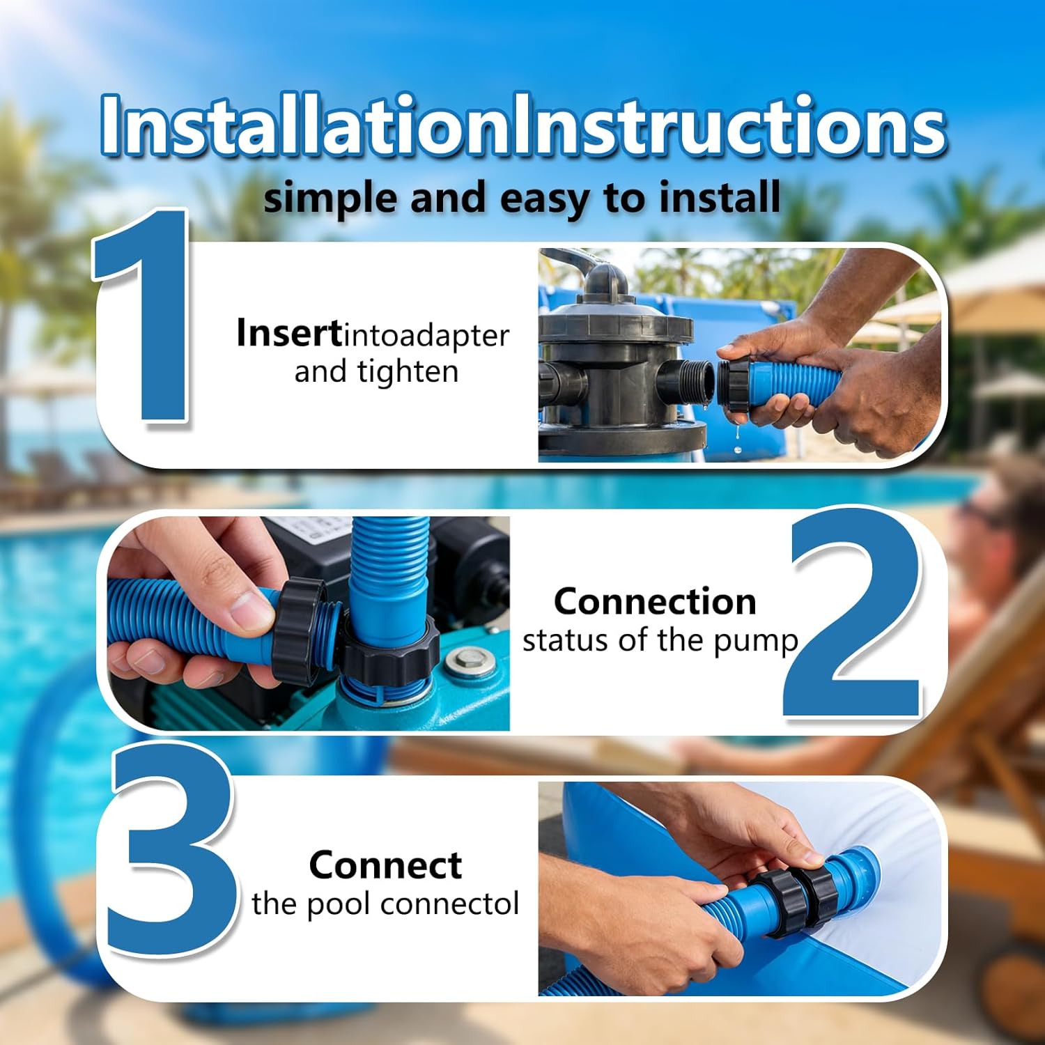 3 Pack 1.5" Pool Hose for Above Ground Pools 59" Long，Pool Pump Hose Filter Pumps Replacement Hose with Sealing Rings Fits for Intex Filters Pump, Saltwater Systems, Sand Filter