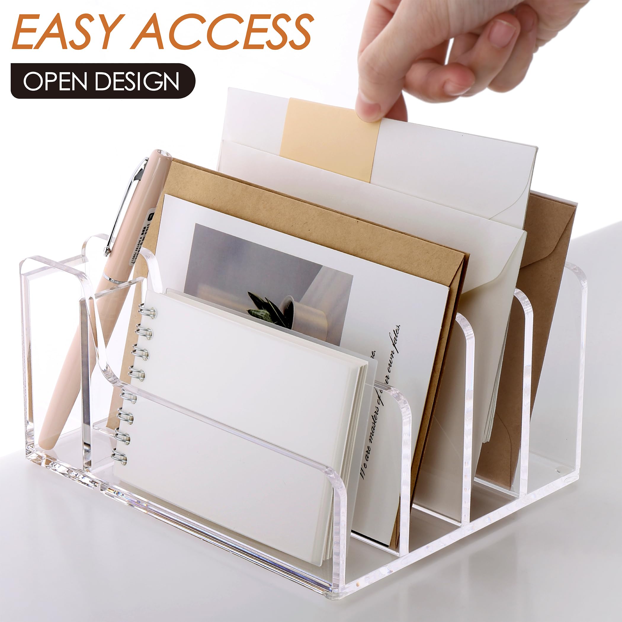 SANRUI Organizador de escritorio acrílico, 5 compartimentos con soporte para bolígrafos, clasificador de correo moderno transparente, 17,5 cm de ancho x 14,5 cm de profundidad x 9 cm de alto