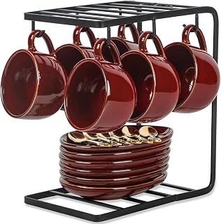 vicrays Ceramic Espresso Coffee Cups Set 4 oz Porcelain Espresso Cups with Saucers Spoons and Metal Stand for Tea Cafe Cappuccino Latte - Set of 6 - Cherry Red