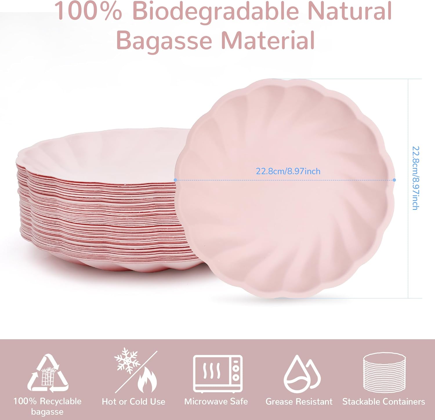 9" Disposable Paper Plates 50 Pcs Scalloped Paper Trays 100% Biodegradable Pink Dessert Plates Party Platters for Everyday Meals, Birthday, Picnic and Wedding
