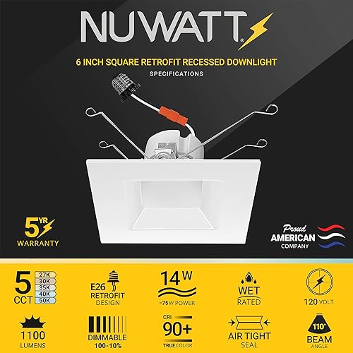 Miniatura 3 de NUWATT Paquete de 4, iluminación LED empotrable cuadrada de 6 pulgadas, 5CCT 2700K3000K3500K4000K5000K seleccionable, 1100 lúmenes 14W, luz