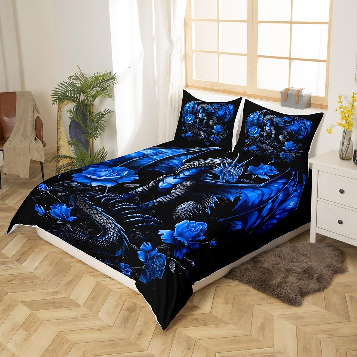 Homemissing Blue Rose Dragon Duvet Cover Grey Black Dragon Teens Women Bedding Set for Kids Boys Girls Floral Flower Decor Comforter Cover Romantic Bedspread Cover 3Pcs King Size - Image 3