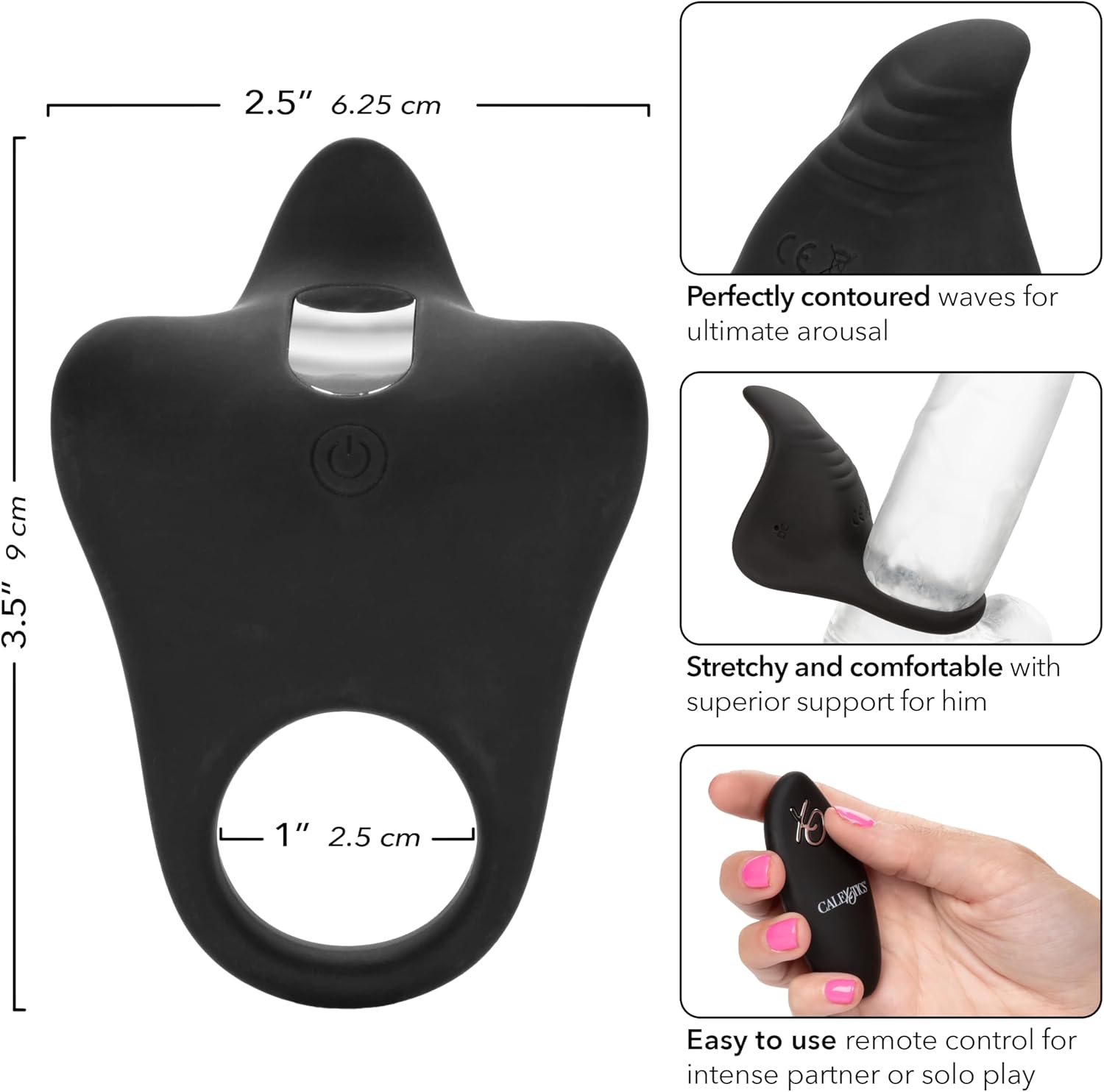 CalExotics Silicone Rechargeable Remote Pleasurizer – 12 Function Vibrating Waterproof Pleasure Ring – Silicone Clitoral Massager Sex Toy for Couples - Black