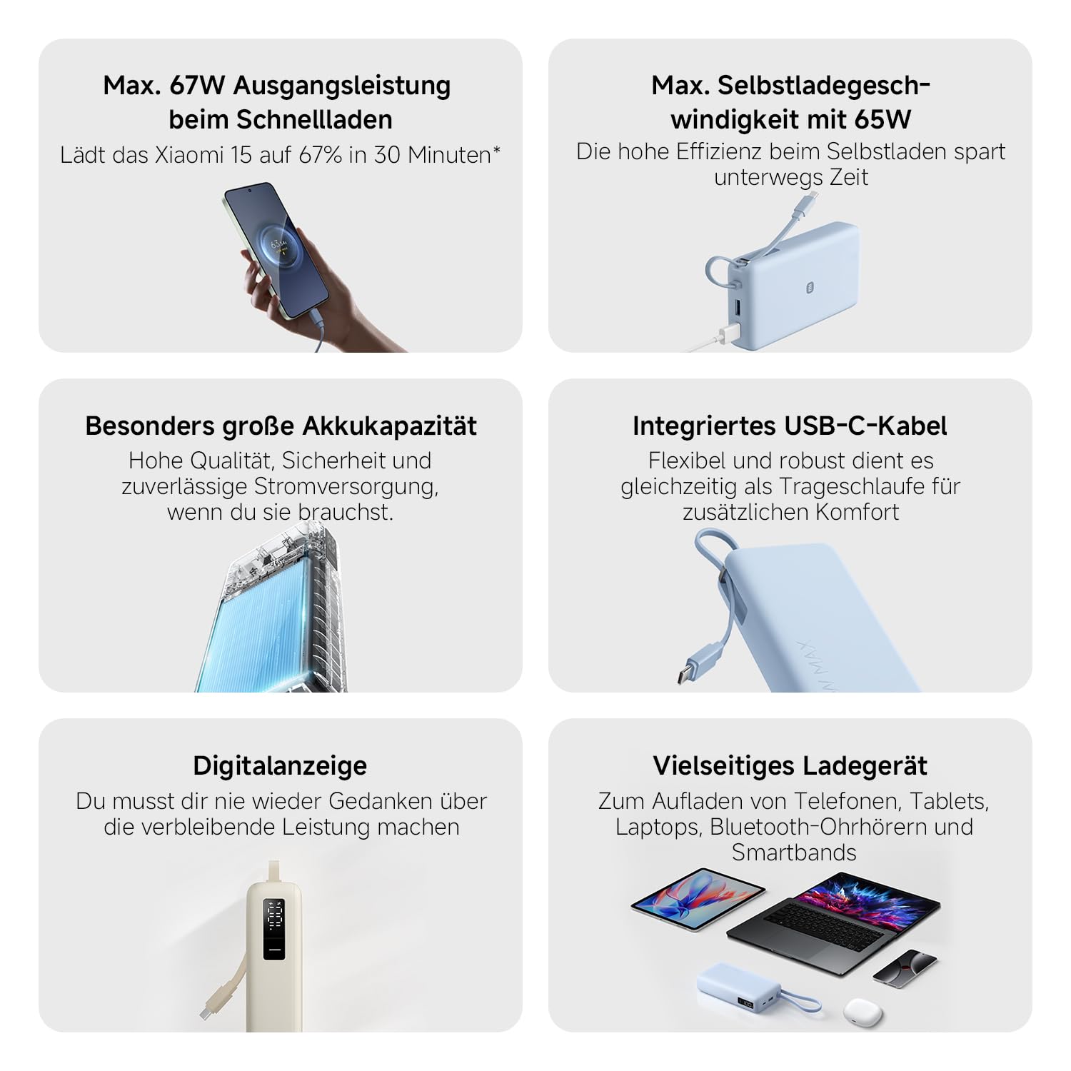 Xiaomi 67W Power Bank 20.000mAh mit USB-C Kabel, Tragbares Ladegerät, Tan | 67W Schnellladen, 20000mAh, integriertes USB-C-Kabel. Zwei-Wege-Schnellladen — lädt 3 Geräte gleichzeitig.