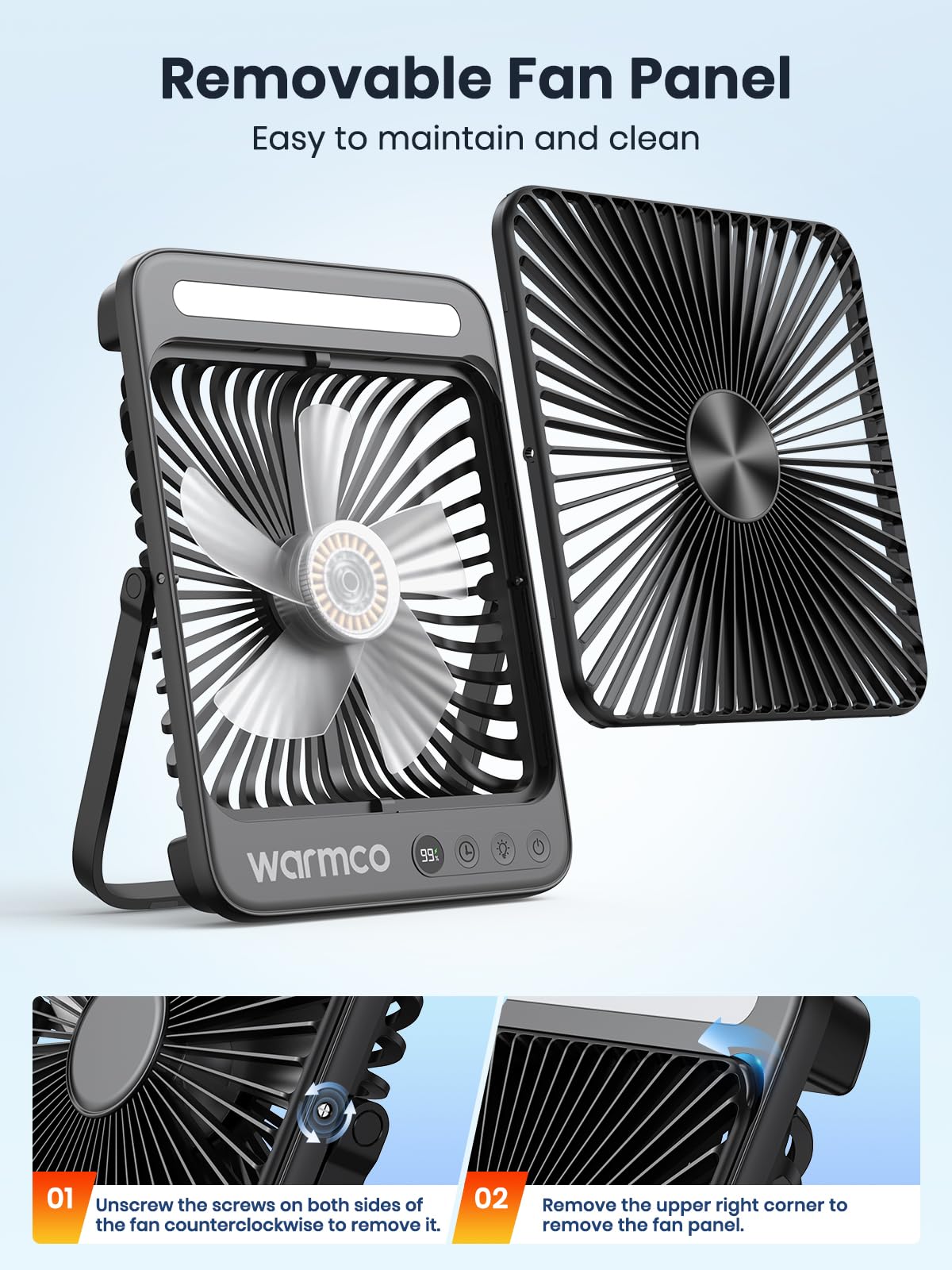 Warmco D4 Pro - Ventilatore portatile da campeggio, 20000 mAh, ventola ricaricabile da 8 pollici, autonomia 15 ~ 48 ore, timer, ricarica rapida, luce LED, ventola da viaggio ultra sottile alimentata a