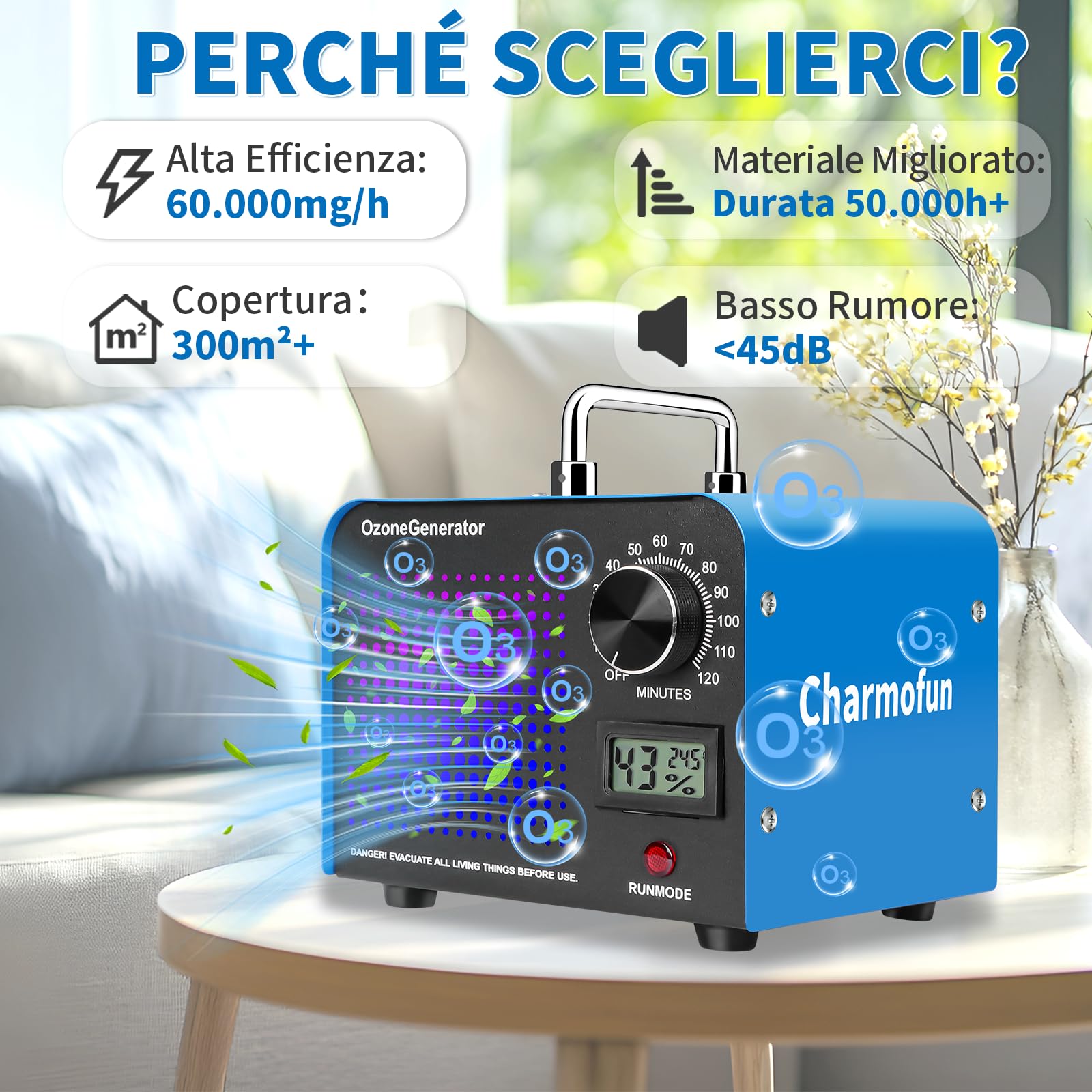 Charmofun Generatore di Ozono Professionale 60000mg/h, Ozonizzatore Industriale per 300㎡, Macchina Ozono Alta Capacità O3, Generatore Ozono per Odori di Casa Auto Fumo Animali (Blu)