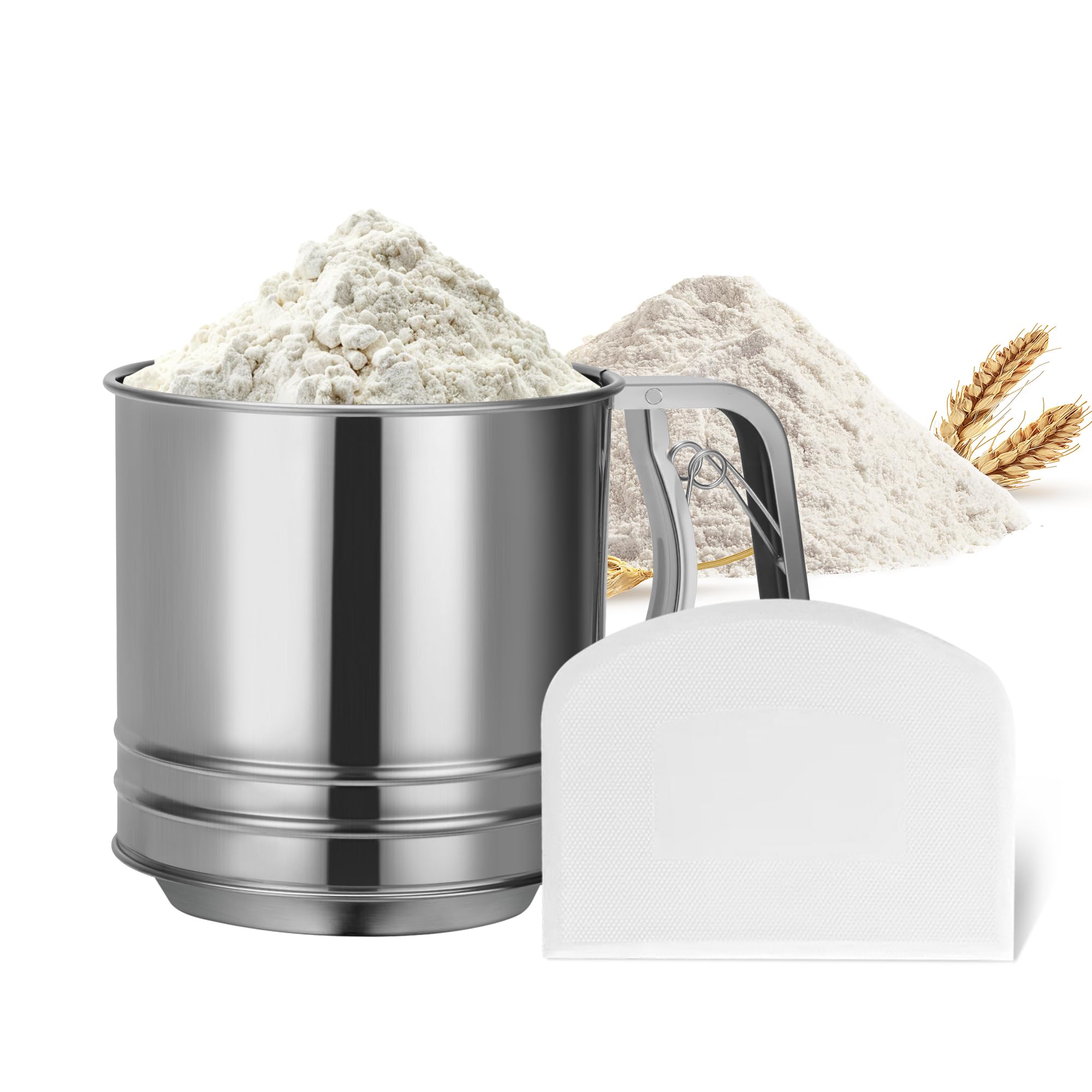 Zoeynex 5-Cup Flour Sifter for Baking, Large Capacity Stainless Steel Hand Press Sifter with Double-Layer Fine Mesh - Includes Bonus Dough Scraper/Cutter for Bread &amp; Pastry (White)