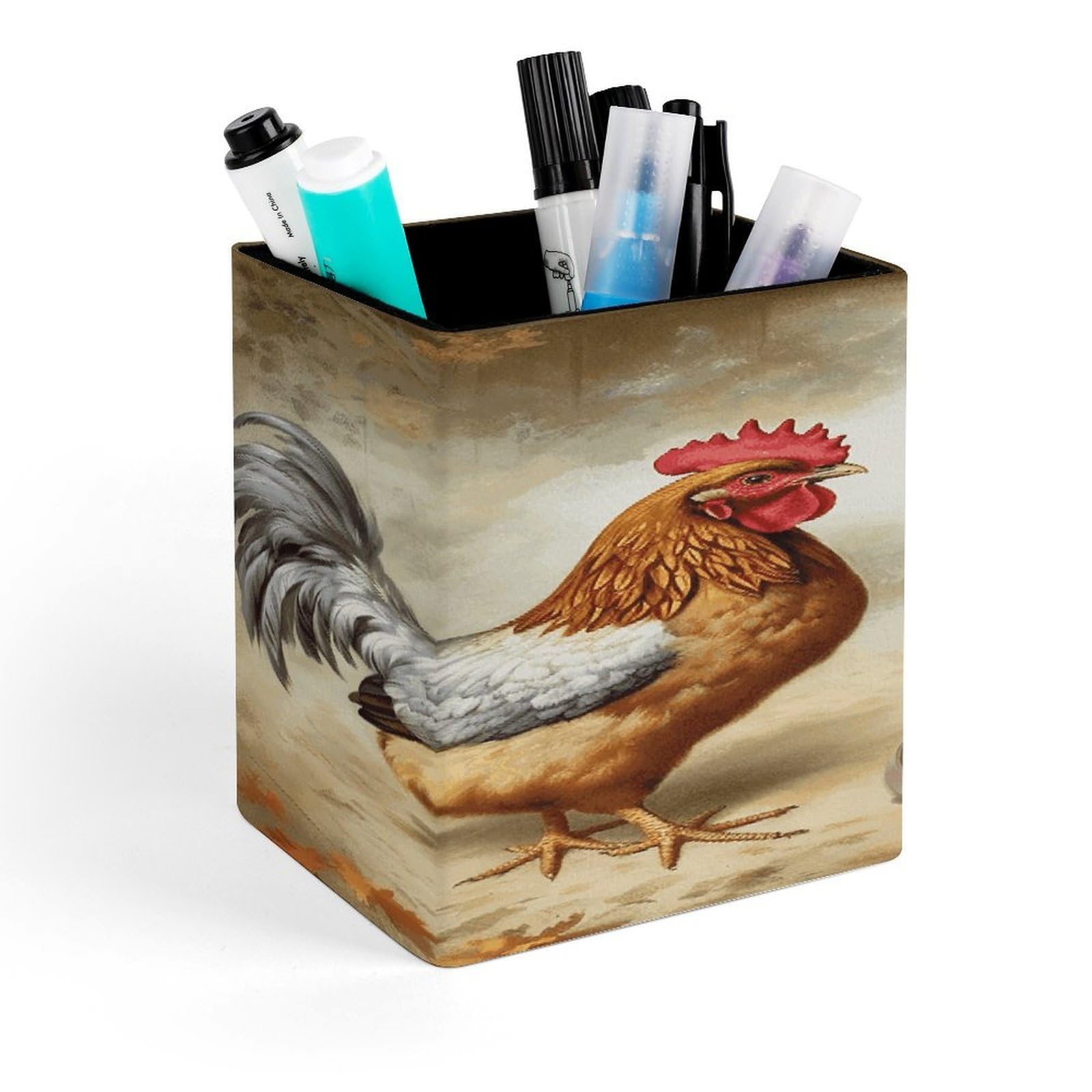 LZQPOEAS Chicken And Rooster Print Square Pen Pencil Holder PU Leather Pencil Cup Desktop Stationery Organizer Office Accessories Container