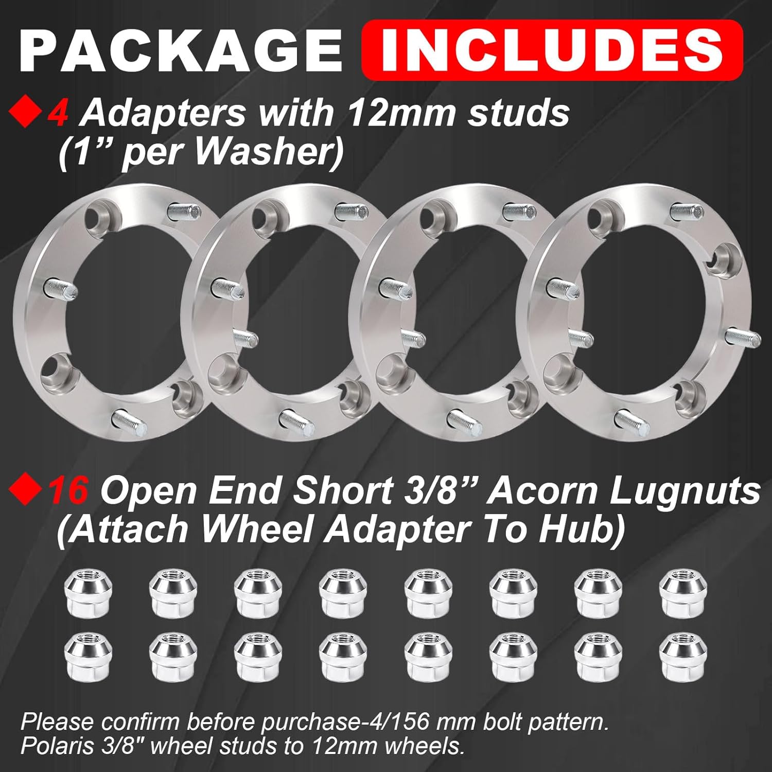 Heavy Duty 1" Wheel Washers Compatible with RZR Ranger 500/800 2008-2014 for 4/156mm Bolt Pattern Polaris 3/8" Studs to Polaris 12mm Wheels