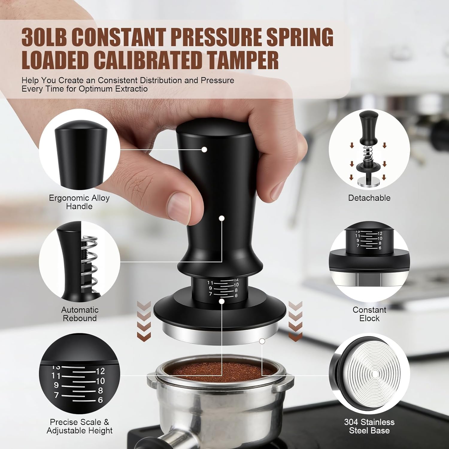 Kit Barista Café 7 Piezas, Accesorios de Espresso, Juego de Prensador Café, Tamper 51mm Estación Prensado, Distribuidor, Herramienta WDT, Anillo Dosador, Filtro Puck, Cepillo, Máquina Portafiltro