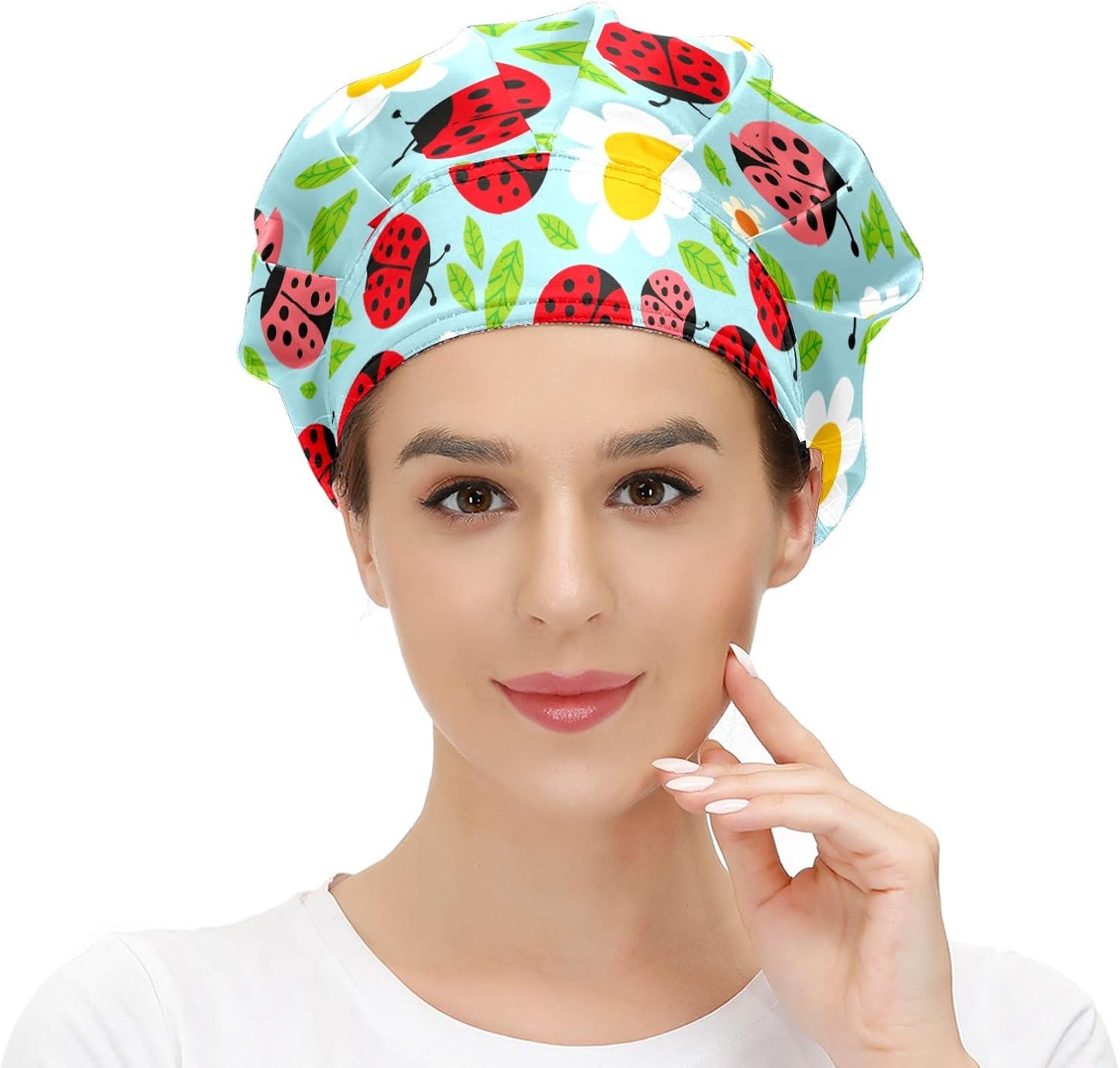Womens Working Cap with Cotton Sweatband Adjustable Elastic Head Cover Hair Tie Back Work Hats for Women Men One Size Bouffant Hat Covers Ladybugs On Flower