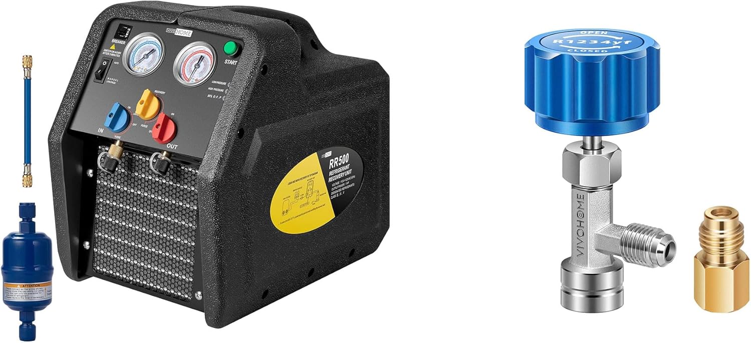 VIVOHOME R1234YF R32 1 HP Dual Cylinder Portable Refrigerant Recovery Machine R1234yf Self Sealing Can Tap Valve