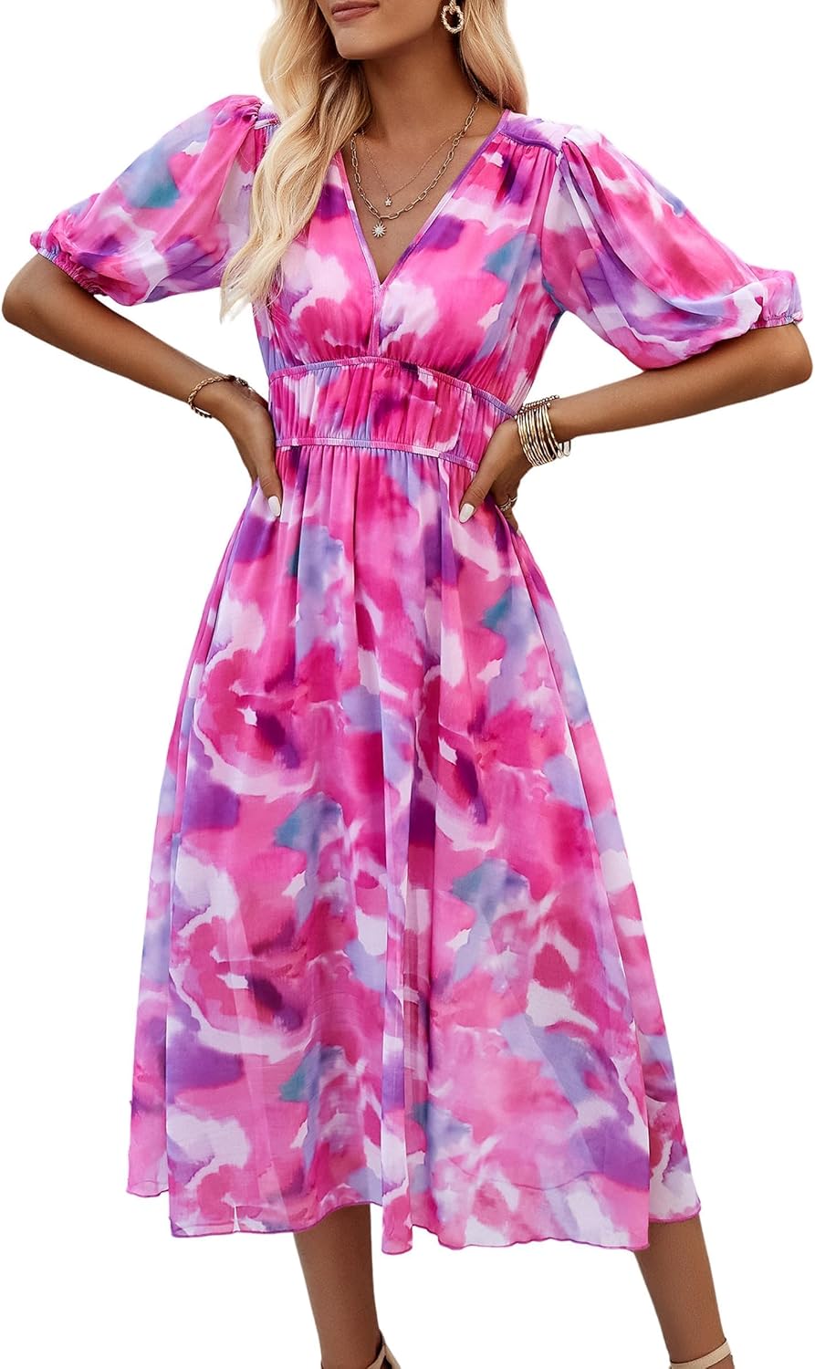 Womens Floral Flowy Wrap V Neck Midi Dress Short Sleeve Elastic Waist Casual Spring Summer Dresses for Women 2025